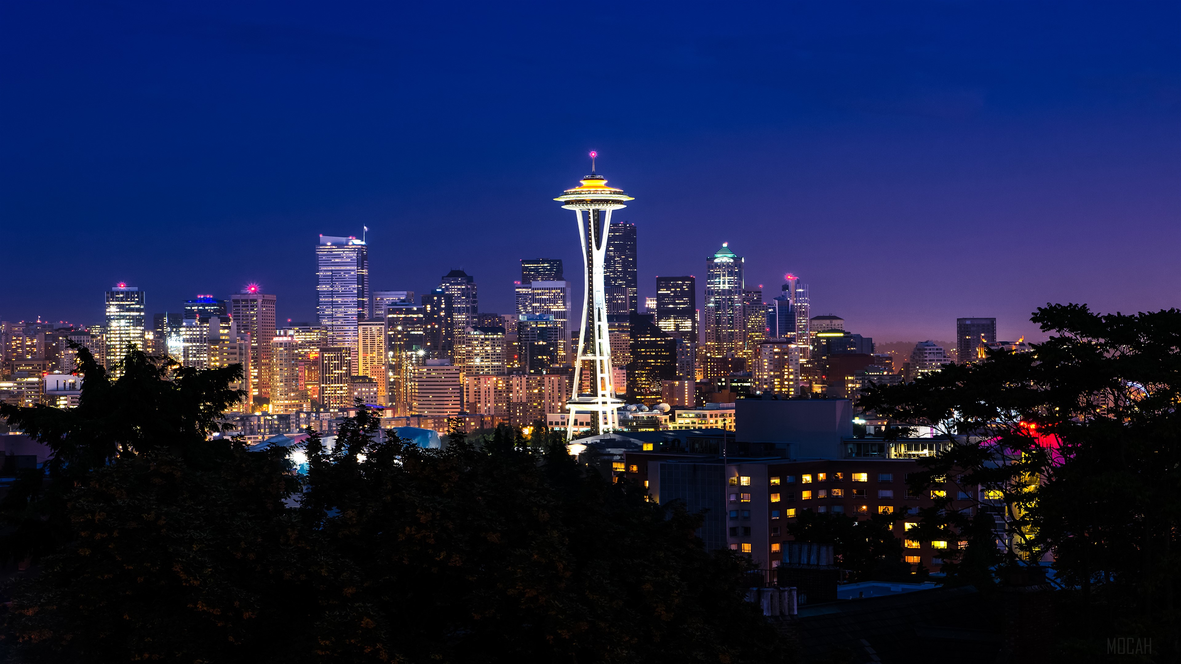 Seattle Skyline with Space Needle at Night 4K HD Wallpaper