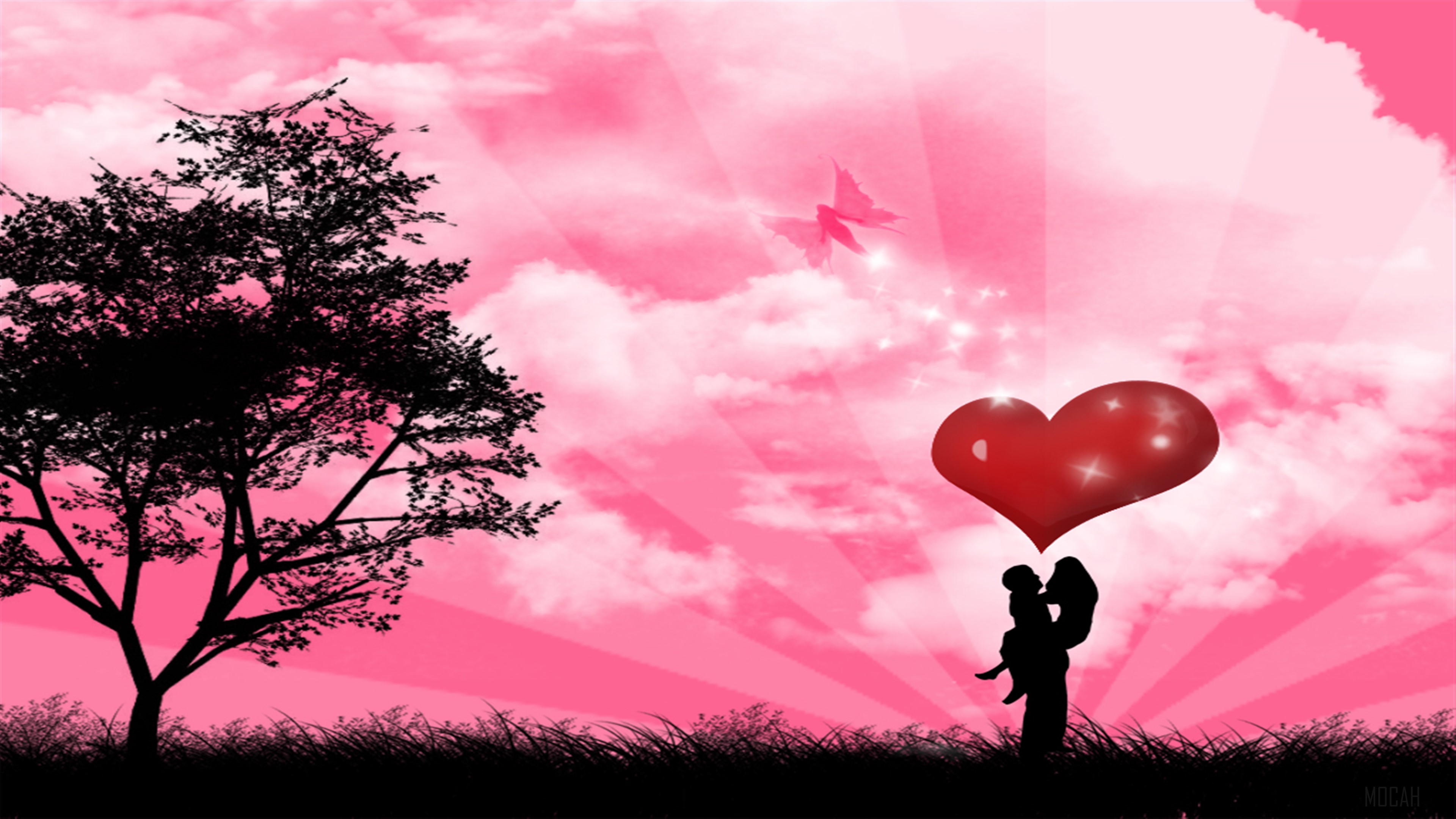Couple holding a heart in front of a pink sky HD Wallpaper