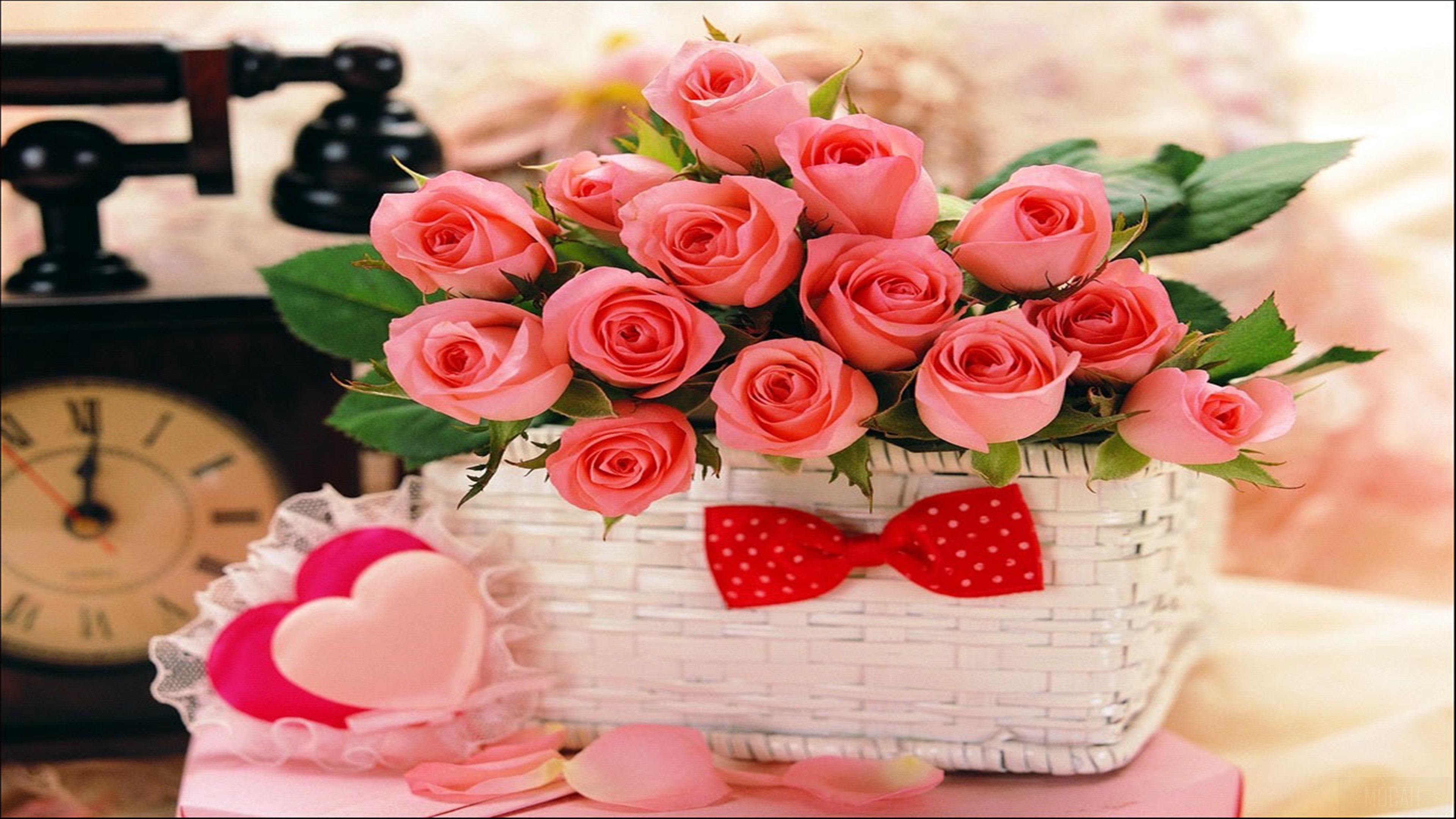 Pink Roses in a Basket with Hearts and Clock HD Wallpaper