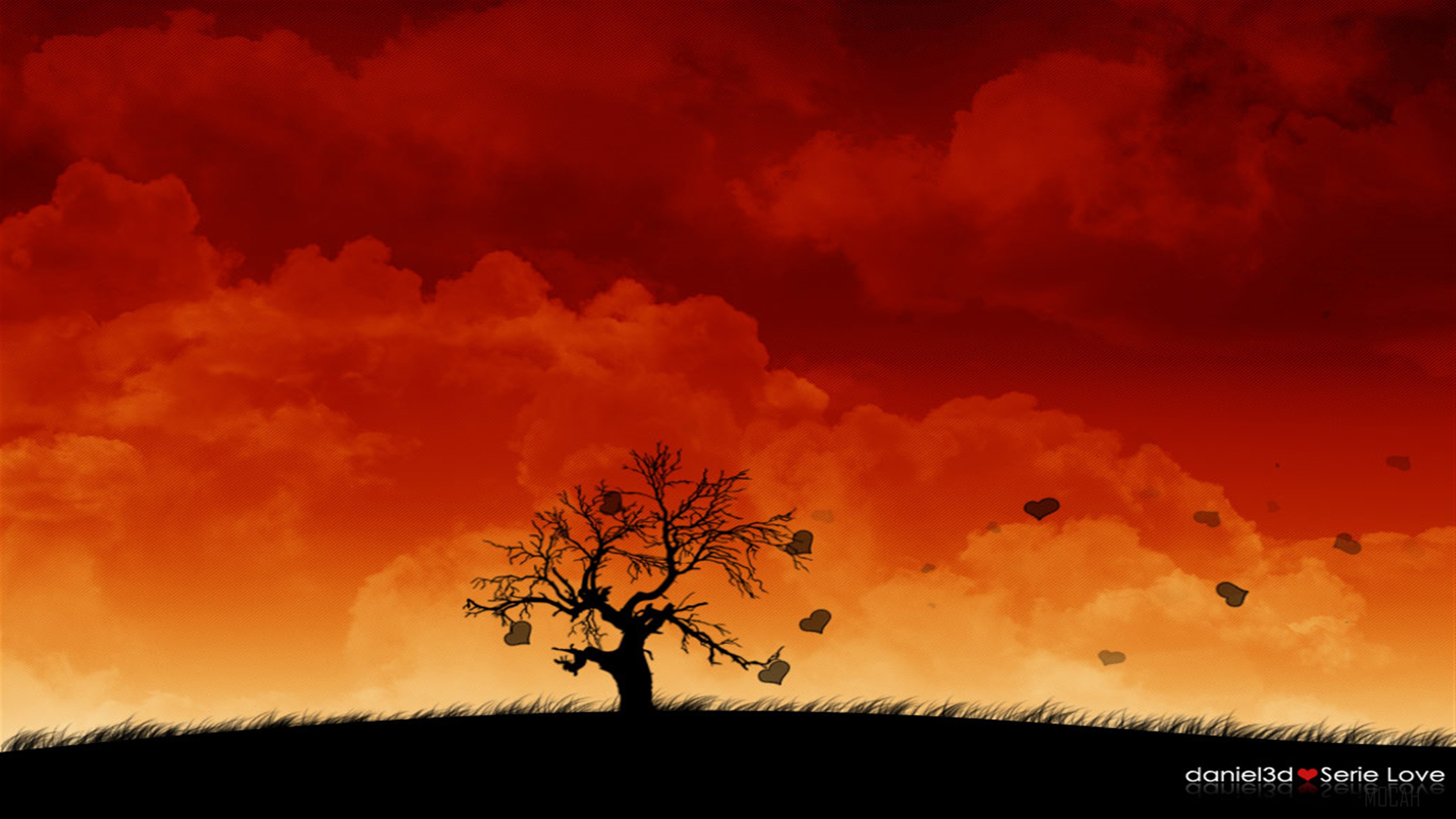 Tree with hearts in red sky HD Wallpaper