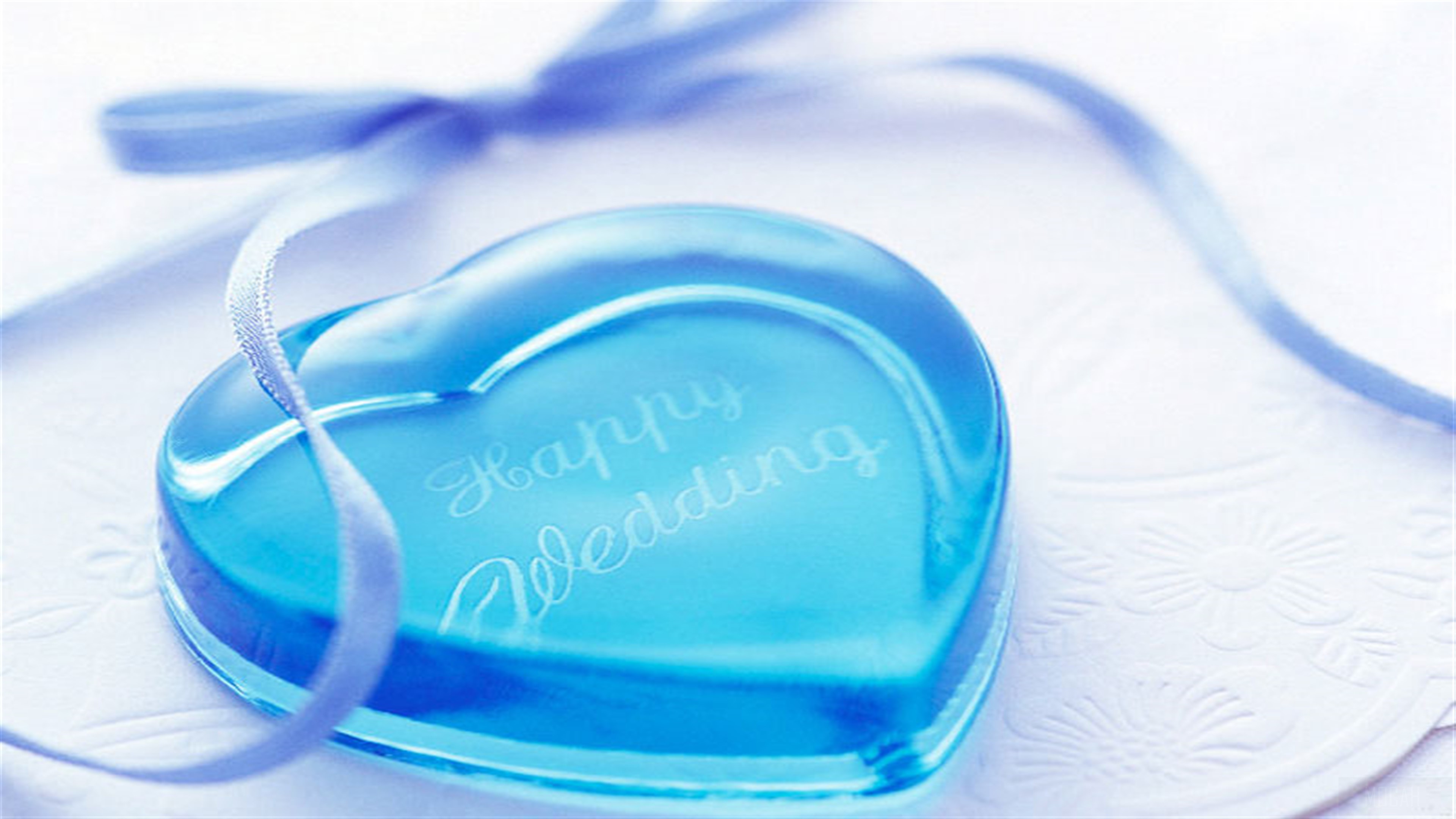 Happy Wedding blue heart with ribbon 4K HD Wallpaper