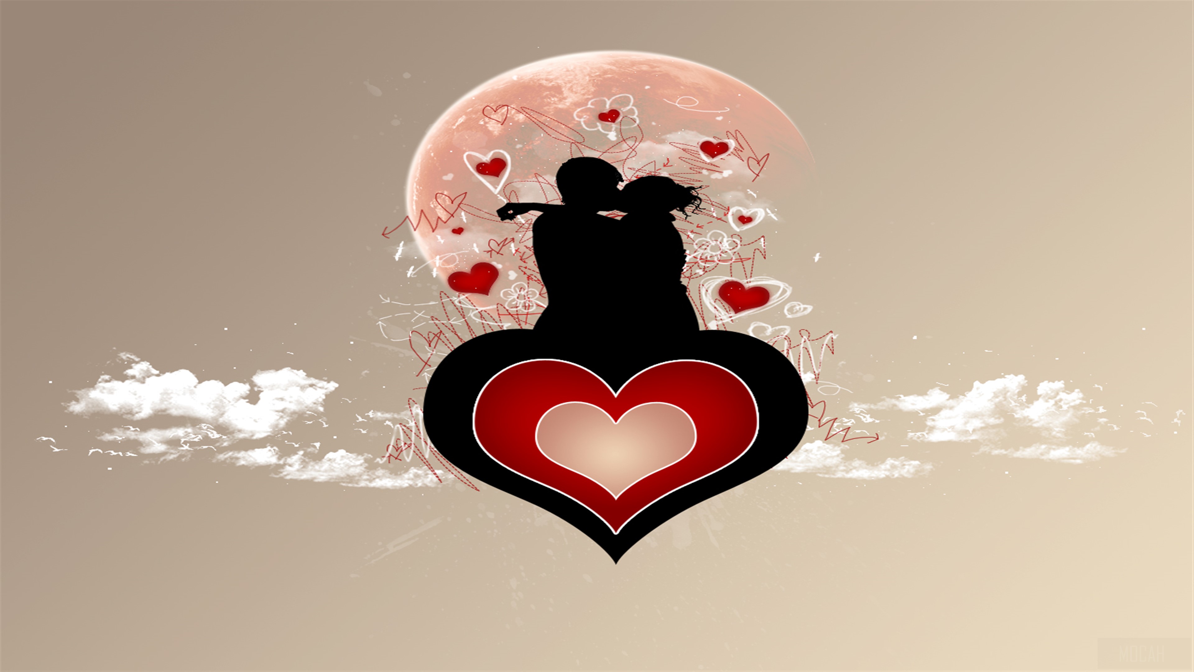 Couple kissing in front of a large moon with hearts HD Wallpaper