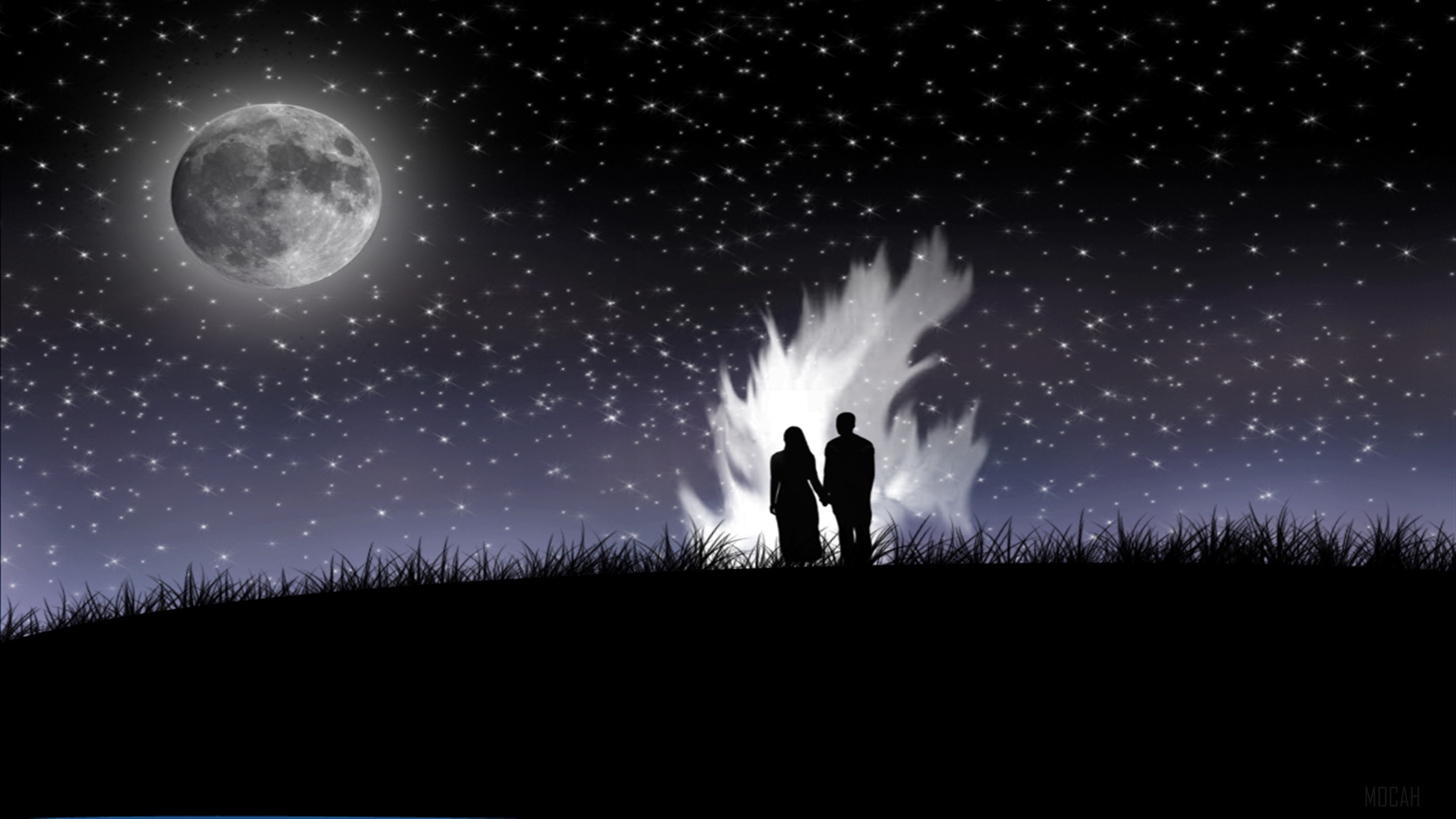 Couple by Bonfire Under Moonlit Starry Sky 4K HD Wallpaper