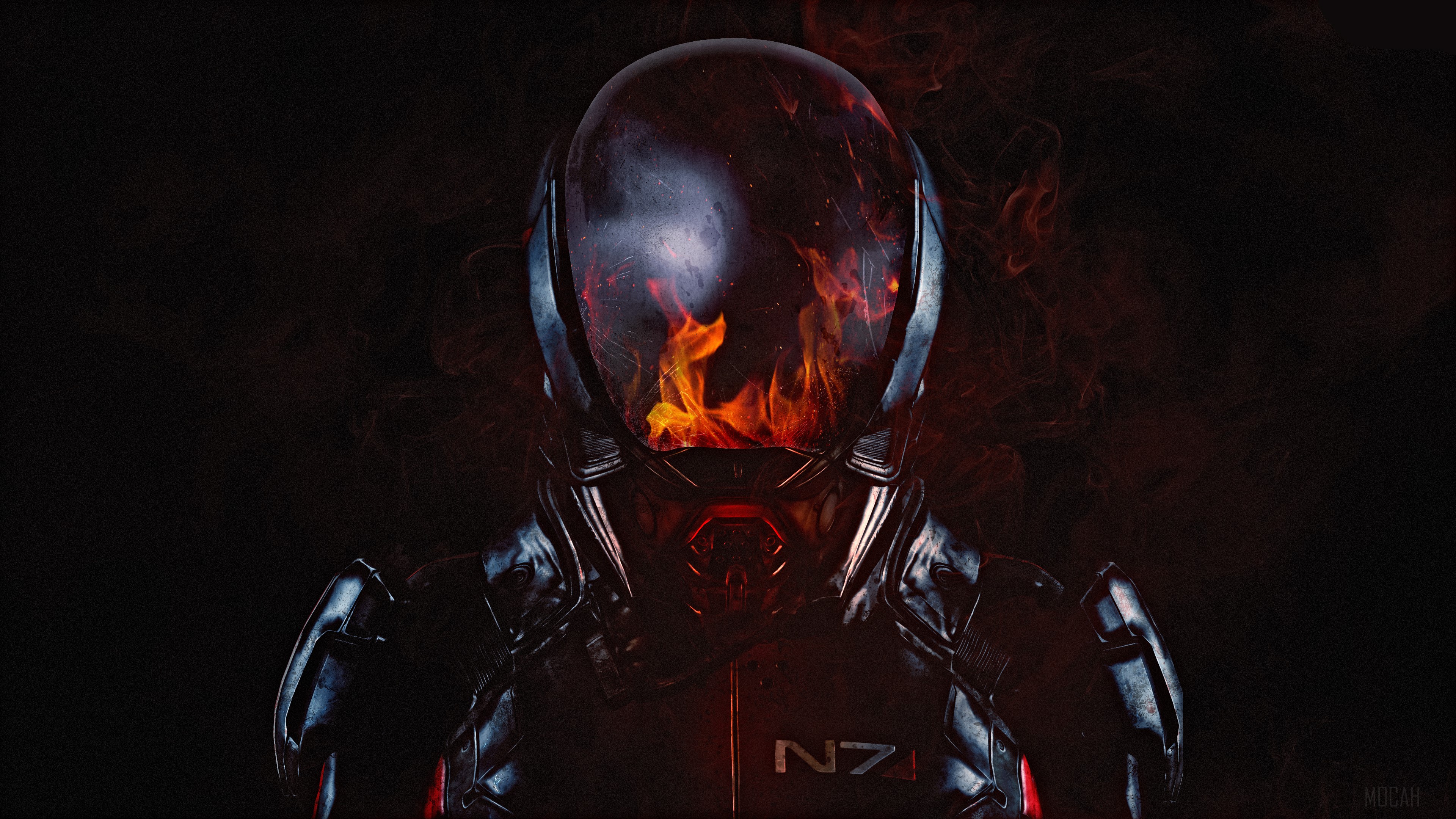 Mass Effect Andromeda N7 armor with fire 4K HD Wallpaper