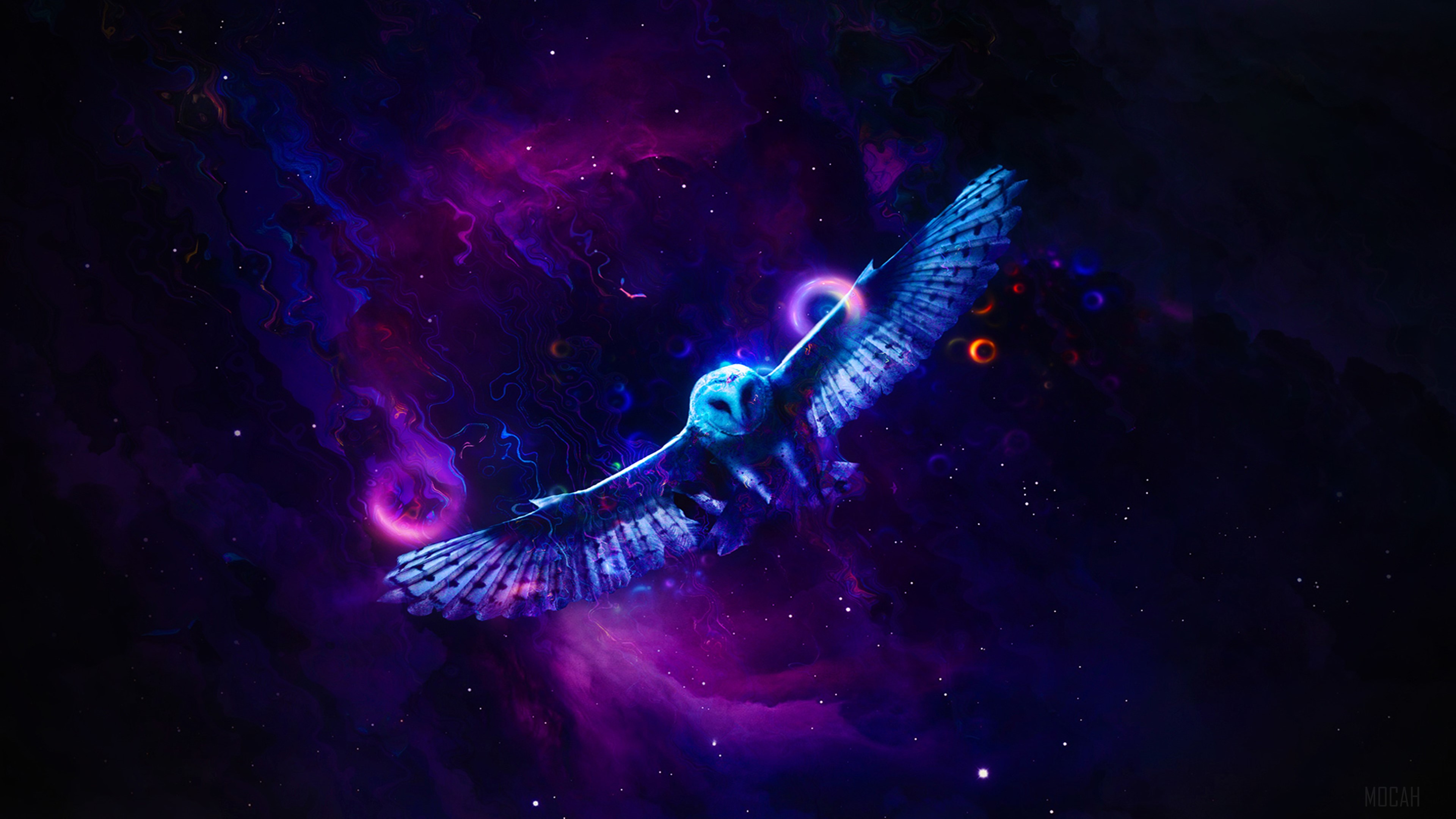Neon Owl Flying Through Nebula 4K HD Wallpaper