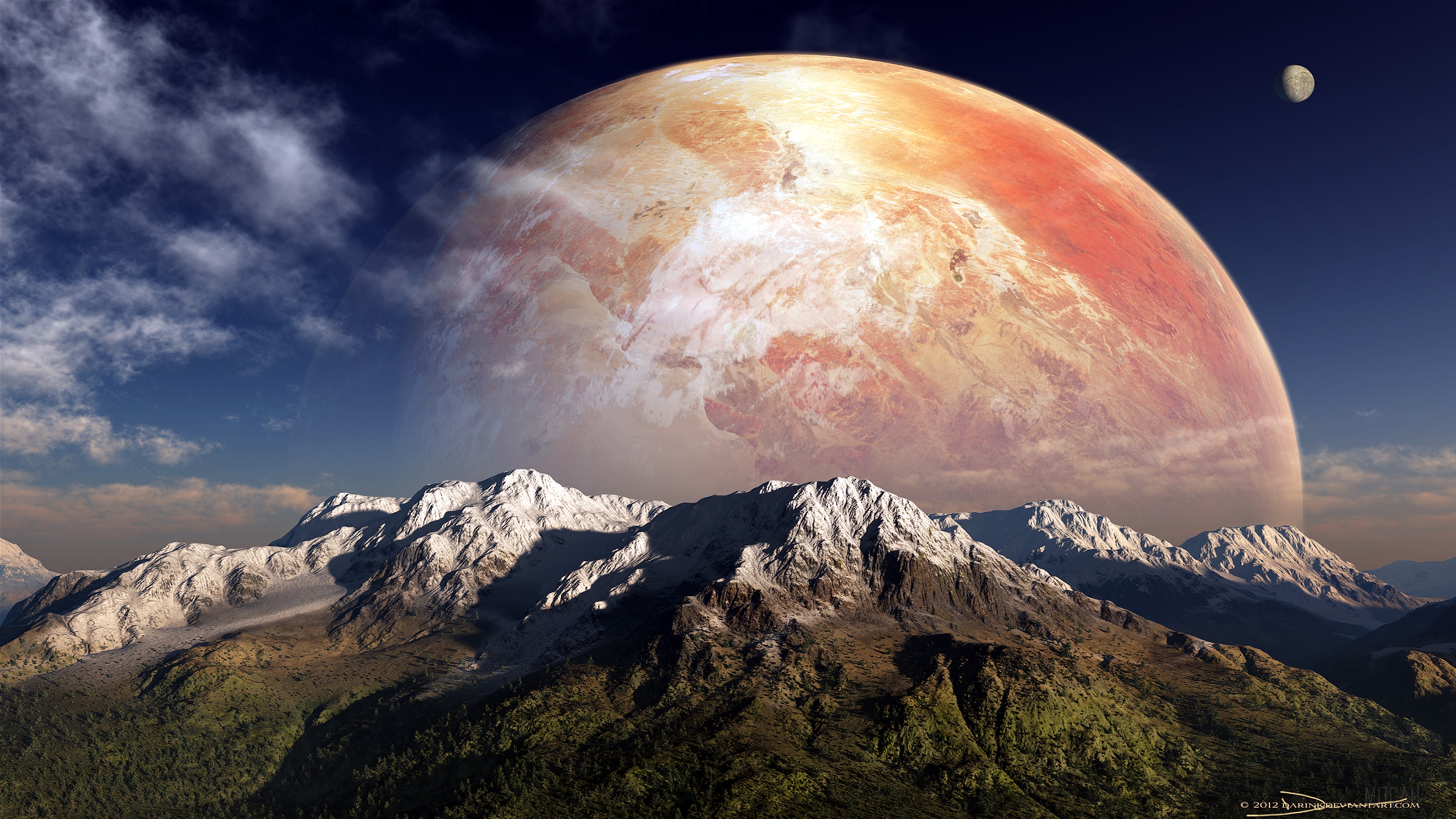 Alien planet with mountains and moons HD Wallpaper