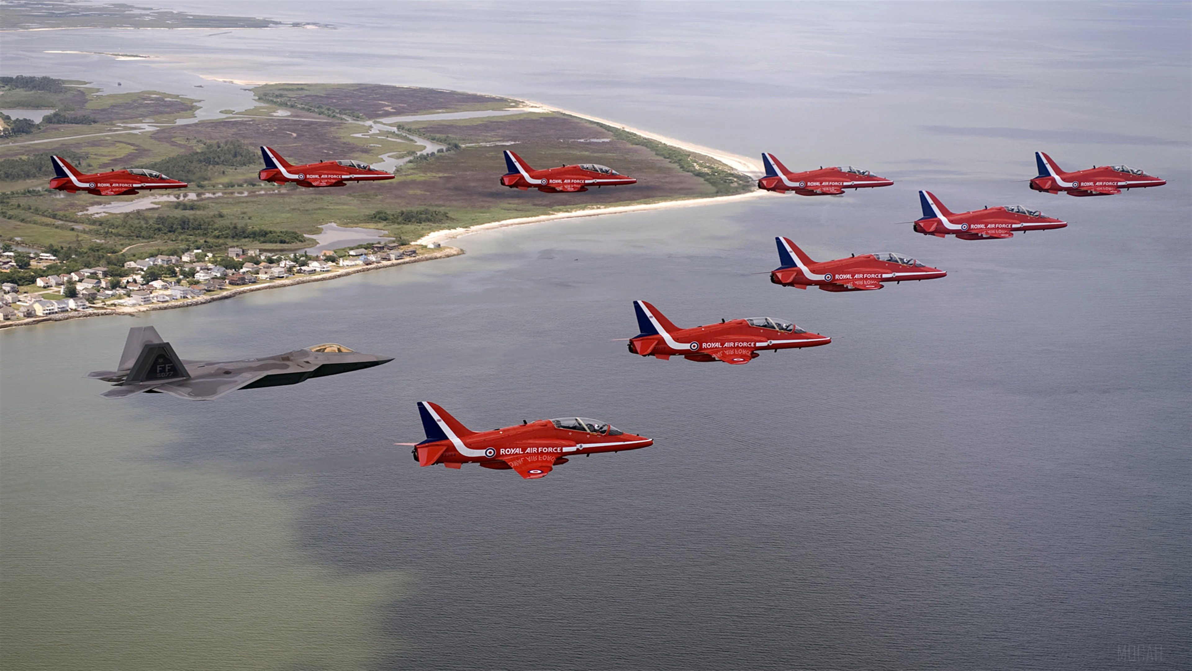 F-22 Raptors and Red Arrows over water HD Wallpaper