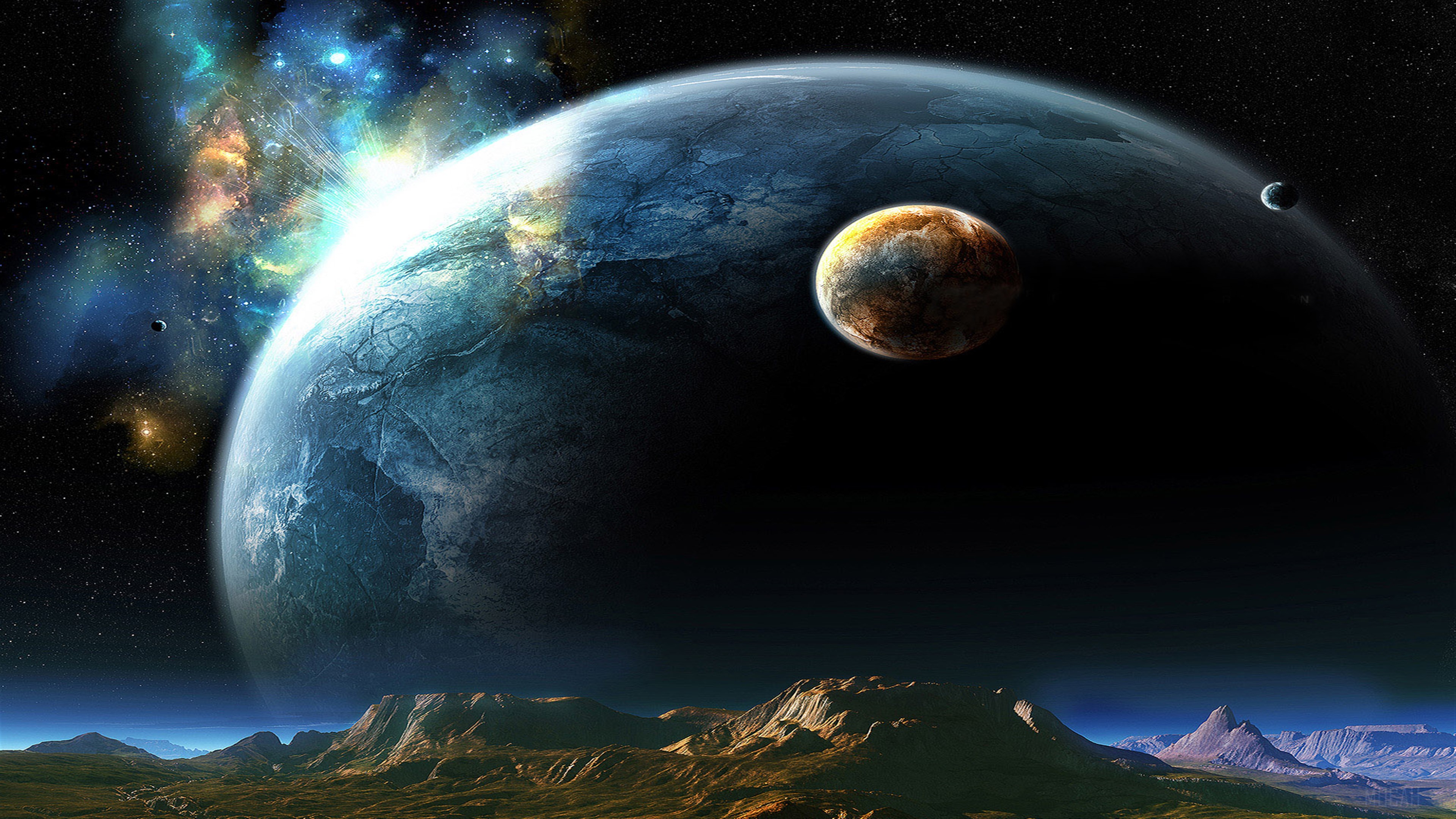 Alien Planet Landscape with Large Planet and Moons HD Wallpaper