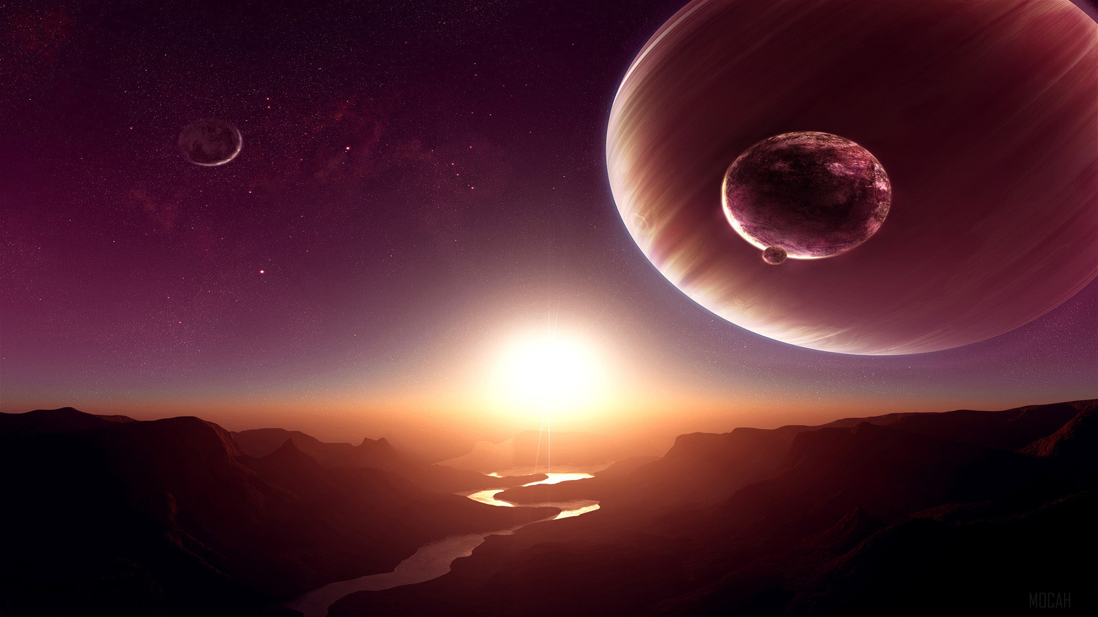 Alien landscape with planets and rising sun HD Wallpaper