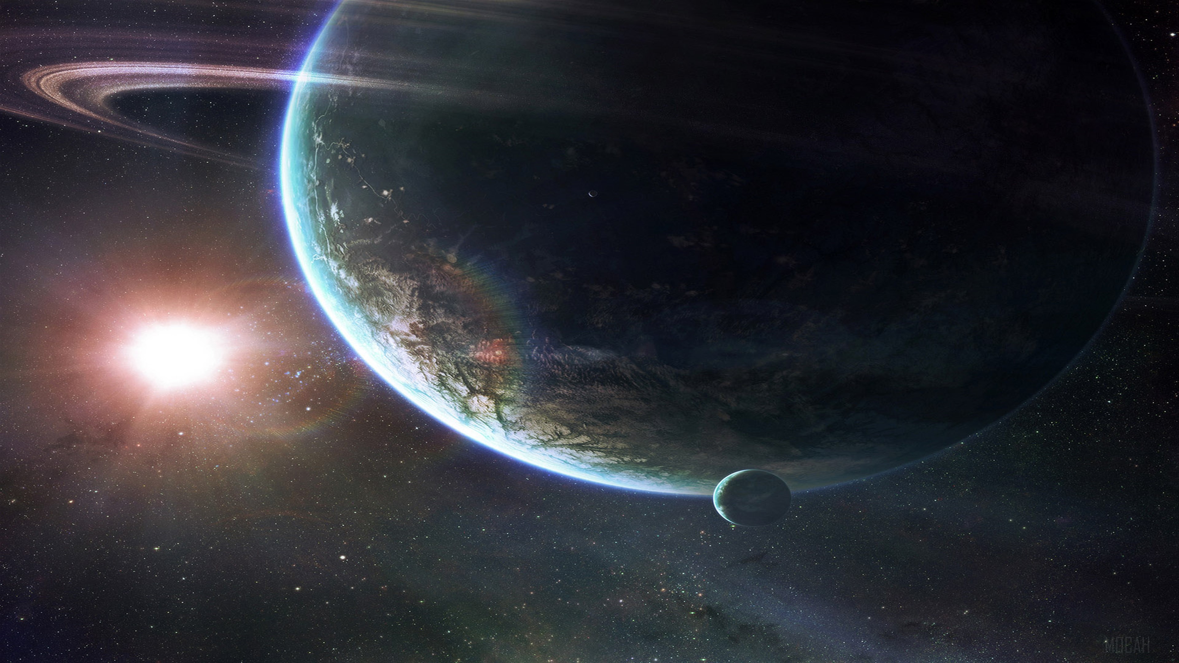 Planet with rings and moon in space with sun HD Wallpaper