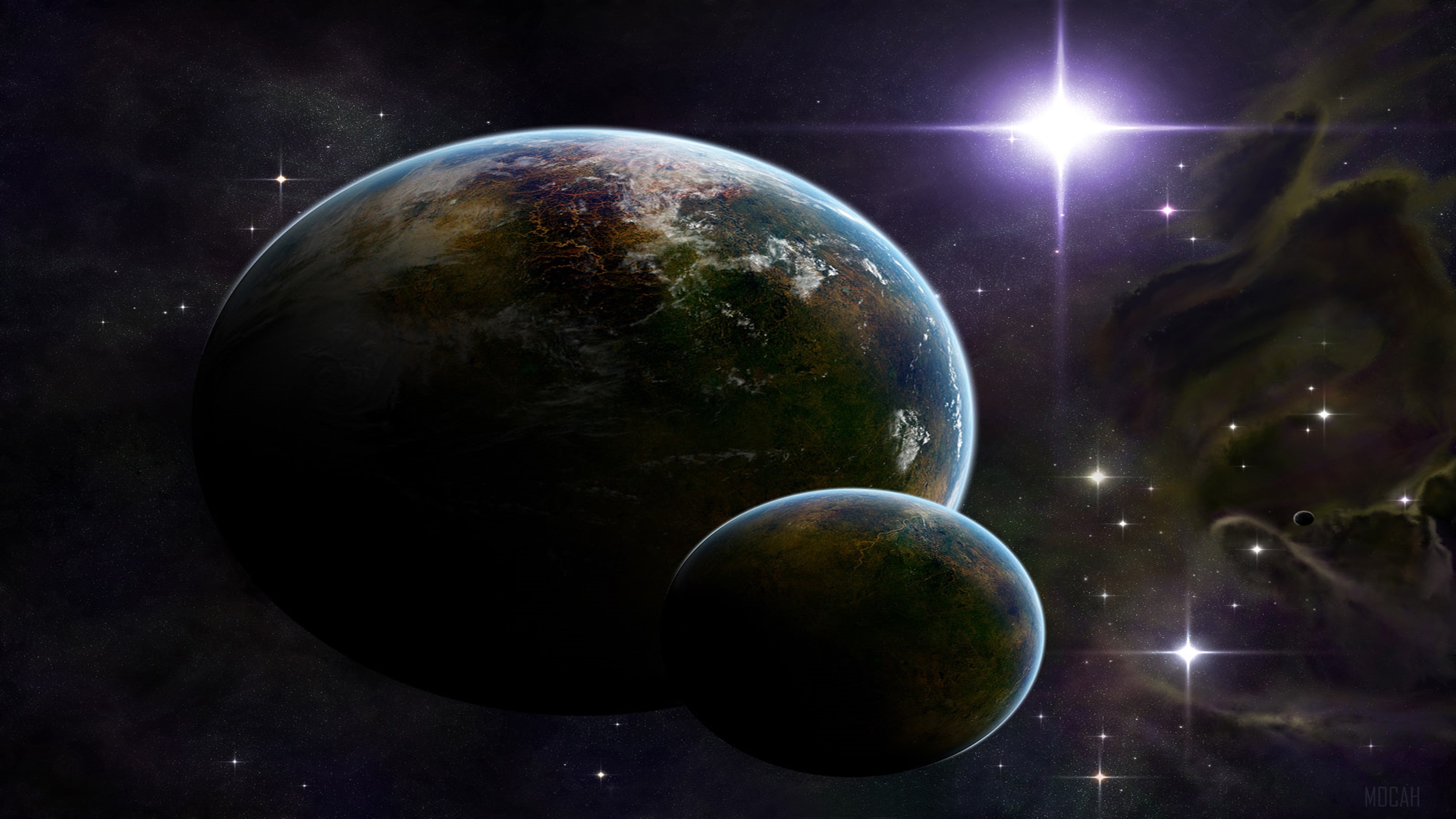 Two planets in space with a bright star HD Wallpaper