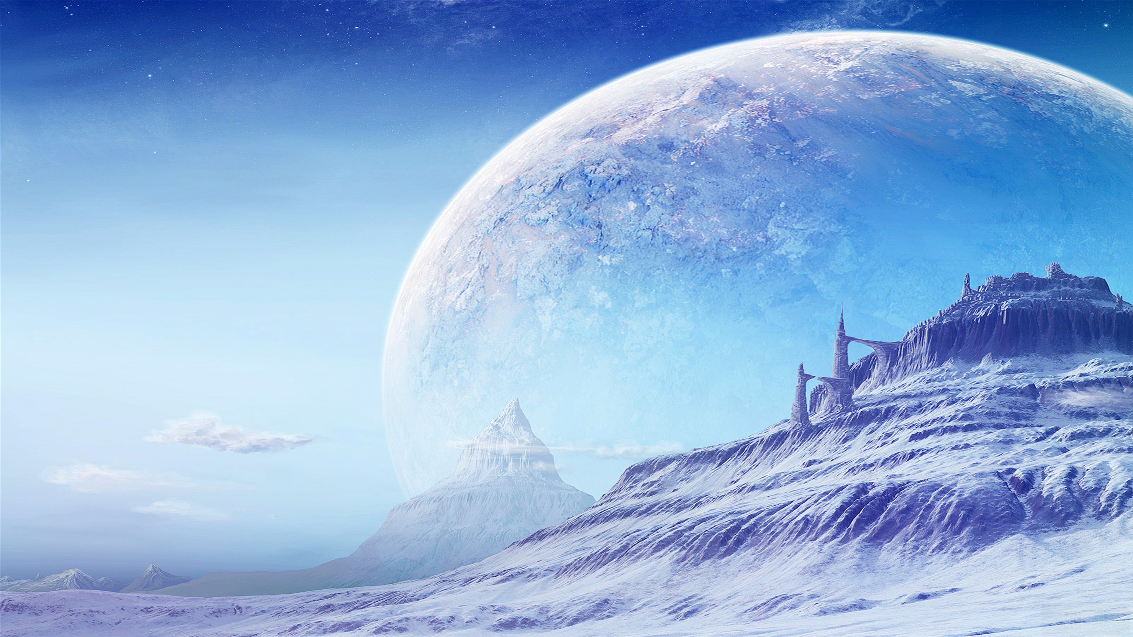 Alien planet with a large moon and icy mountains HD Wallpaper