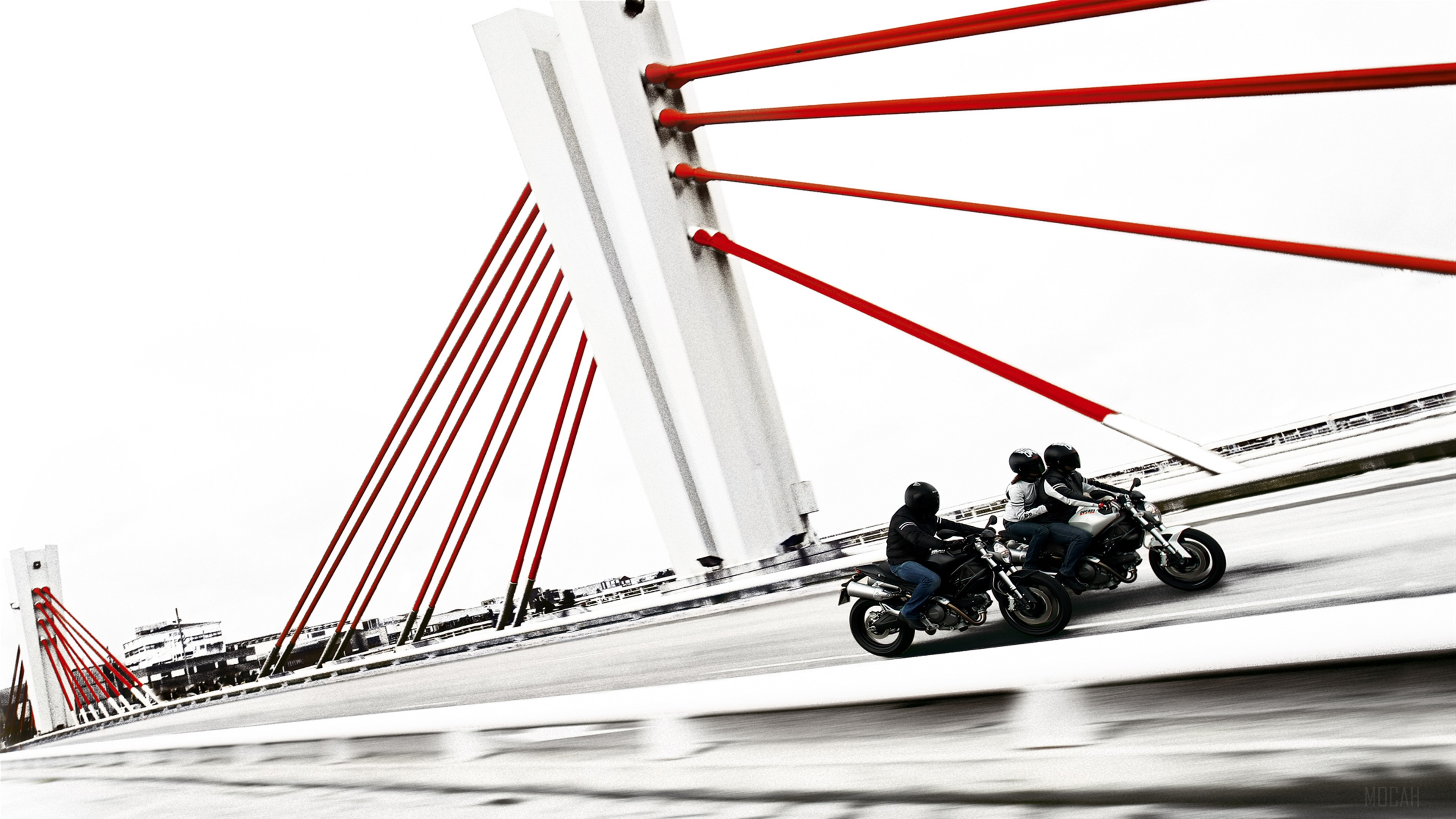 Three Ducati Monsters on a bridge HD Wallpaper