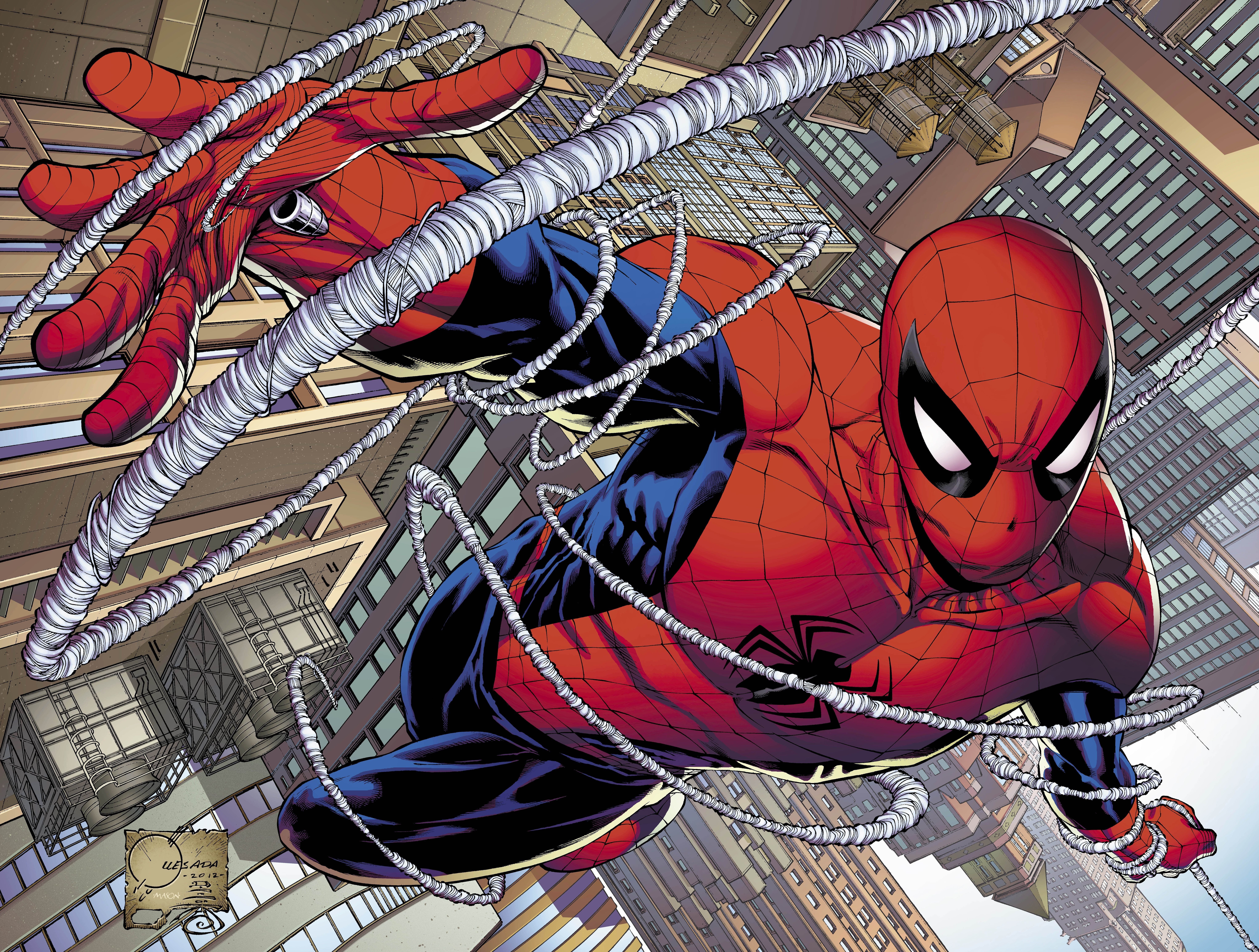 Spider-Man swinging through a city HD Wallpaper