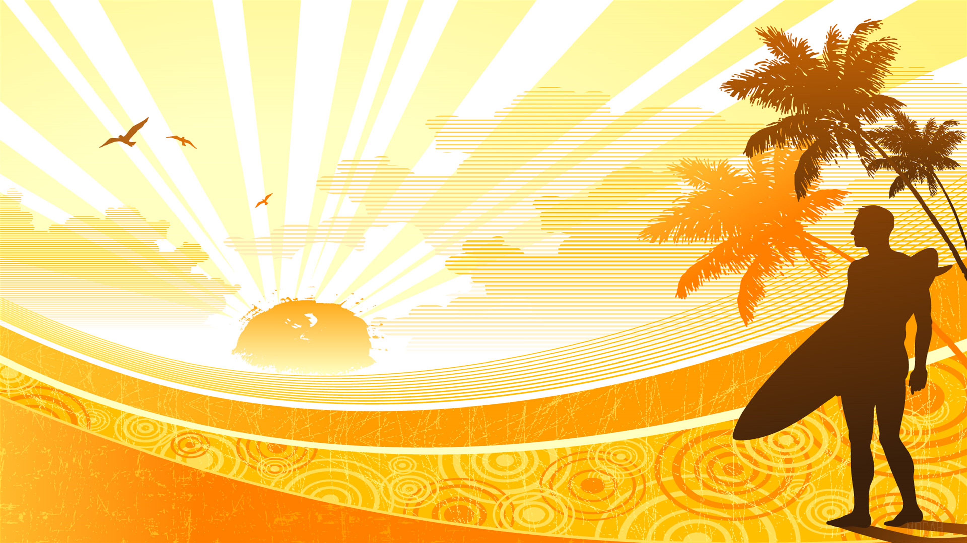 Surfer with surfboard and palm trees at sunset HD Wallpaper