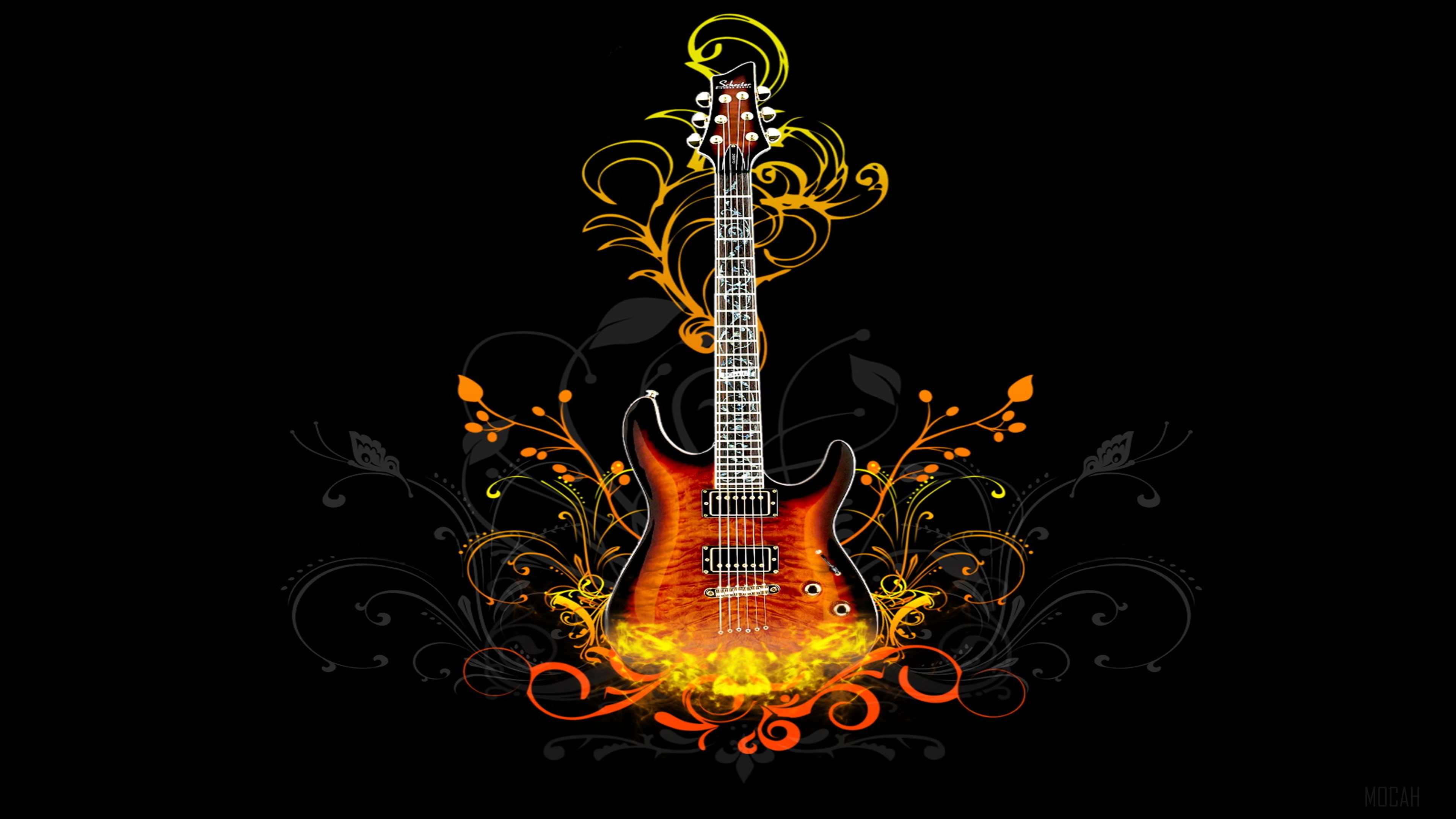 Electric guitar with abstract fiery floral design HD Wallpaper