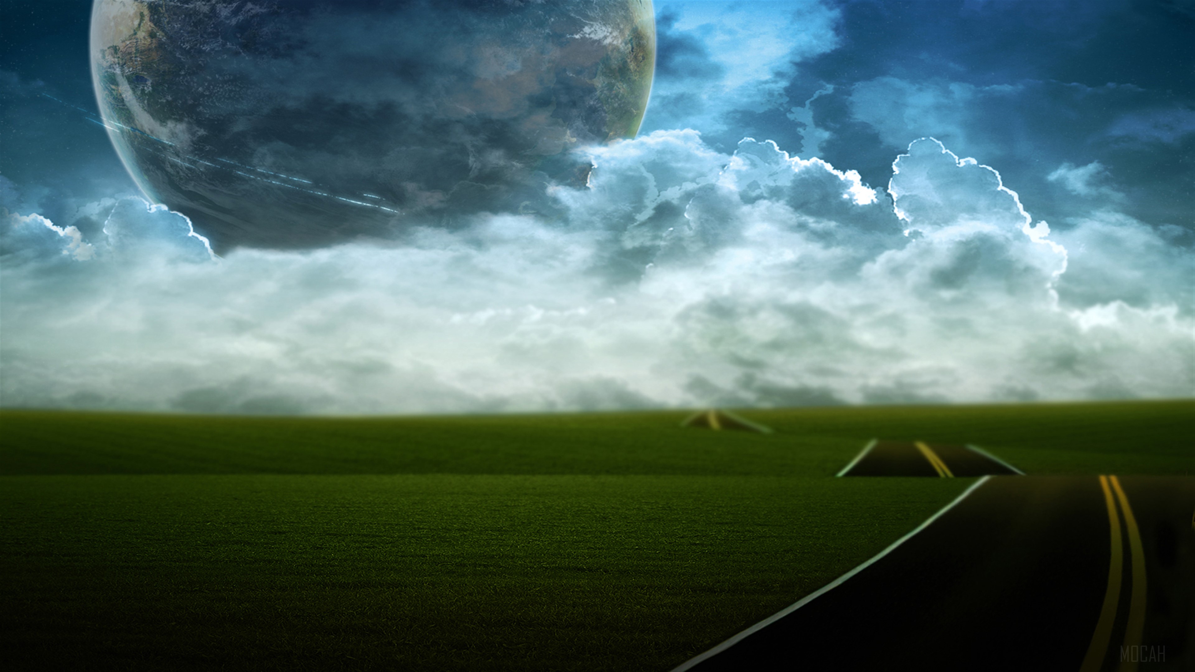 Planet and clouds over a grassy field with a road HD Wallpaper