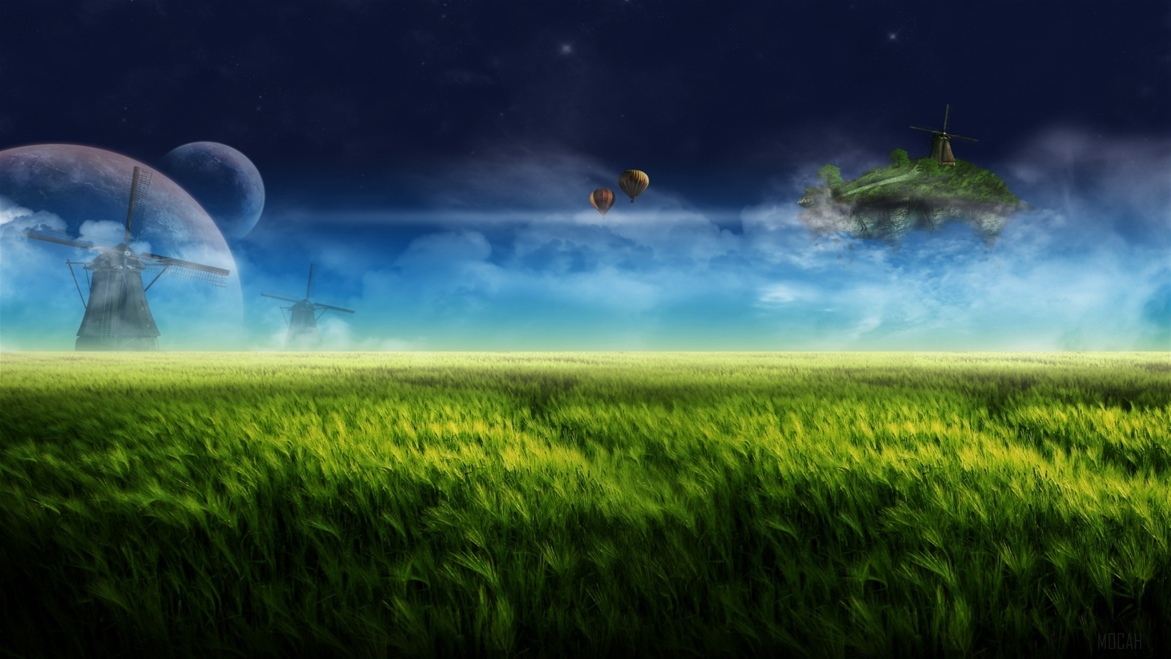 Fantasy landscape with floating island and windmills HD Wallpaper