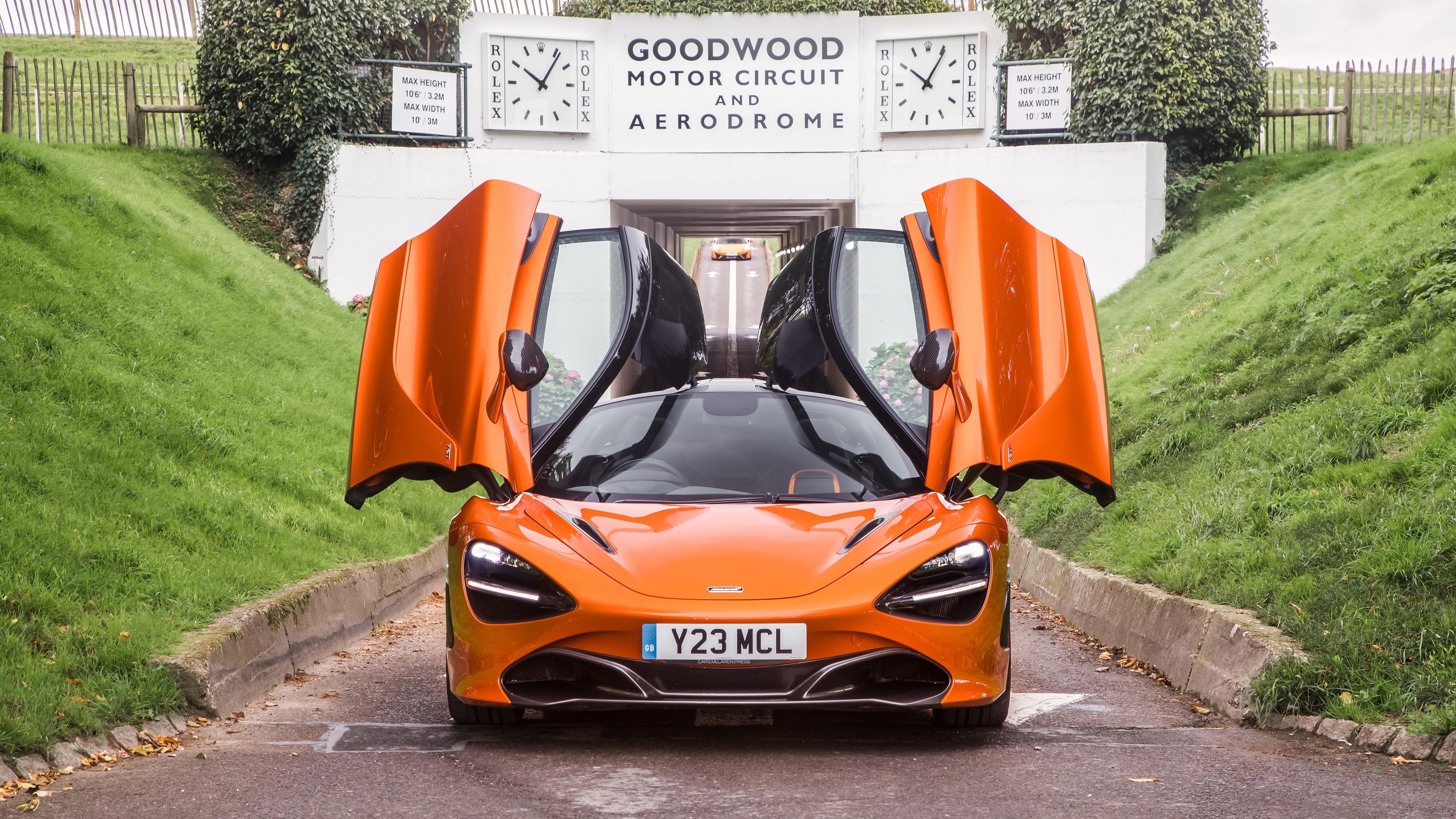 Orange McLaren 720S Coupe at Goodwood Motor Circuit HD Wallpaper
