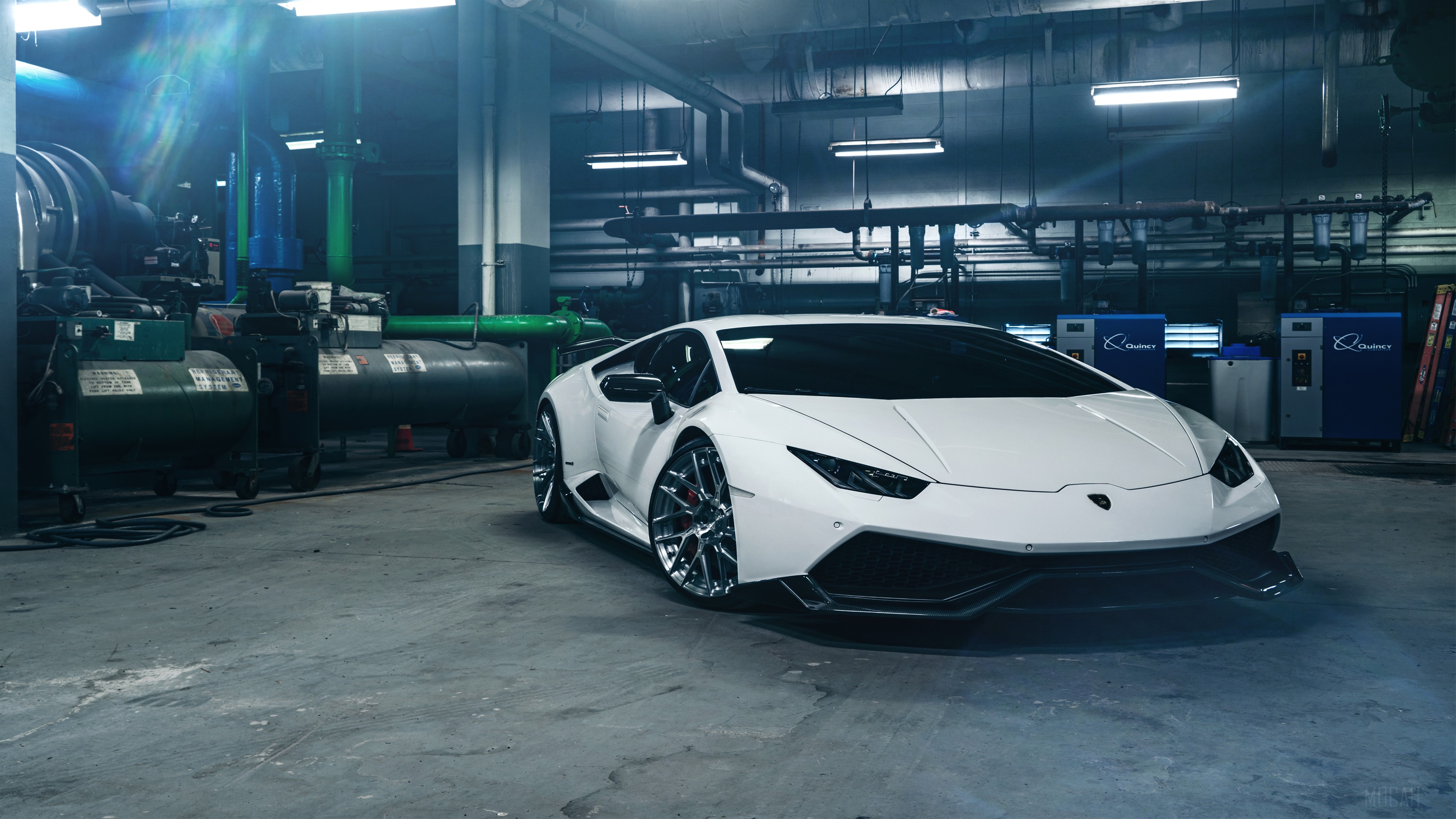 White Lamborghini Huracan in a garage HD Wallpaper
