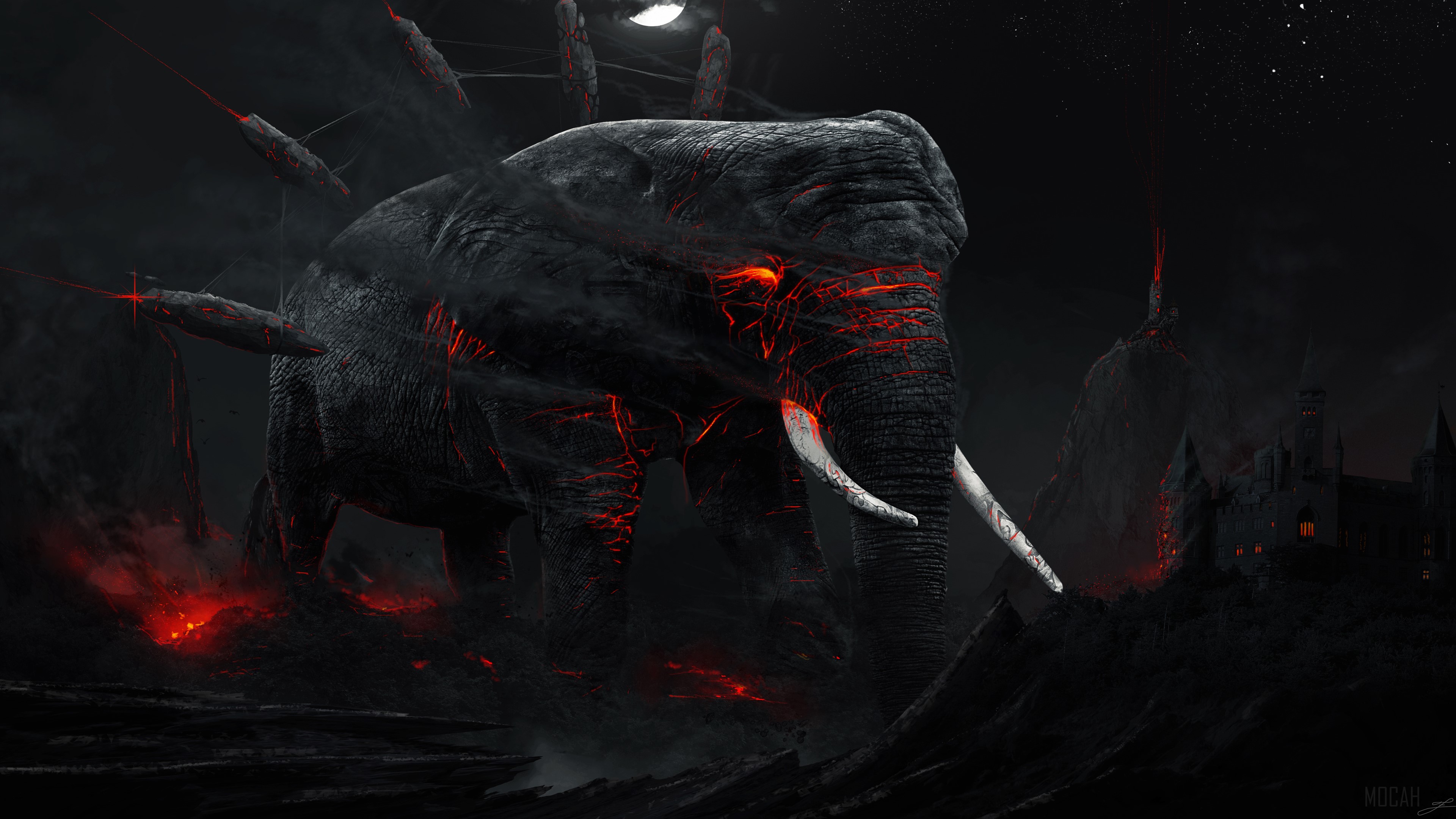 Monstrous Elephant with Lava and Spikes 4K HD Wallpaper