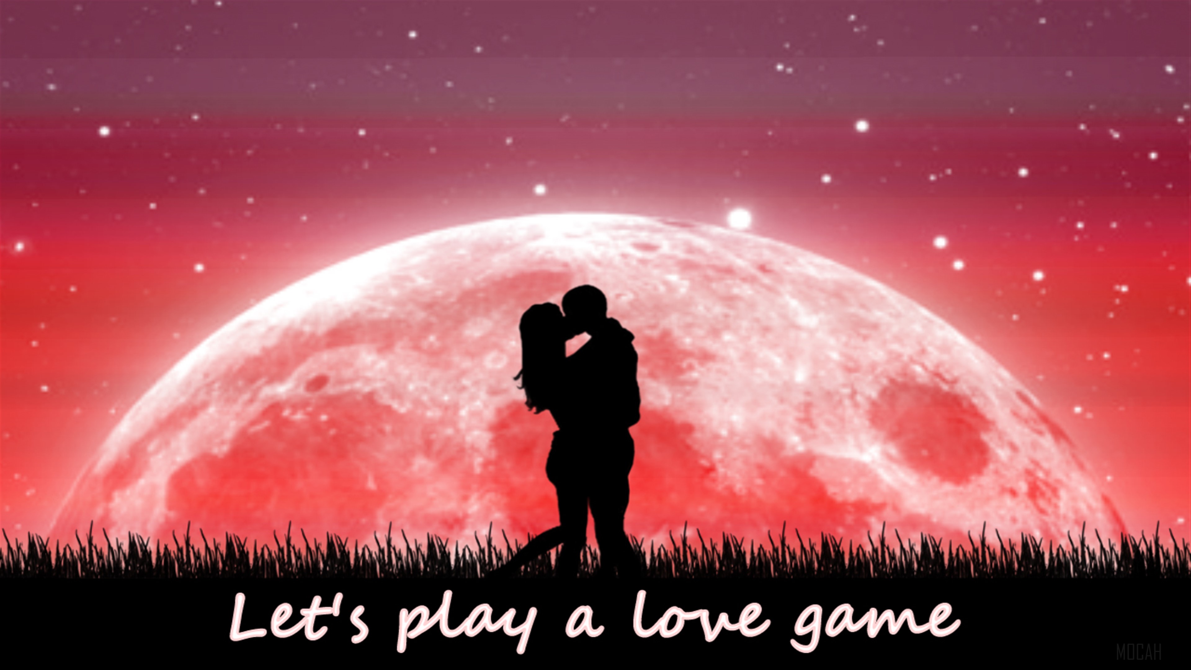 Couple kissing in front of a large red moon HD Wallpaper