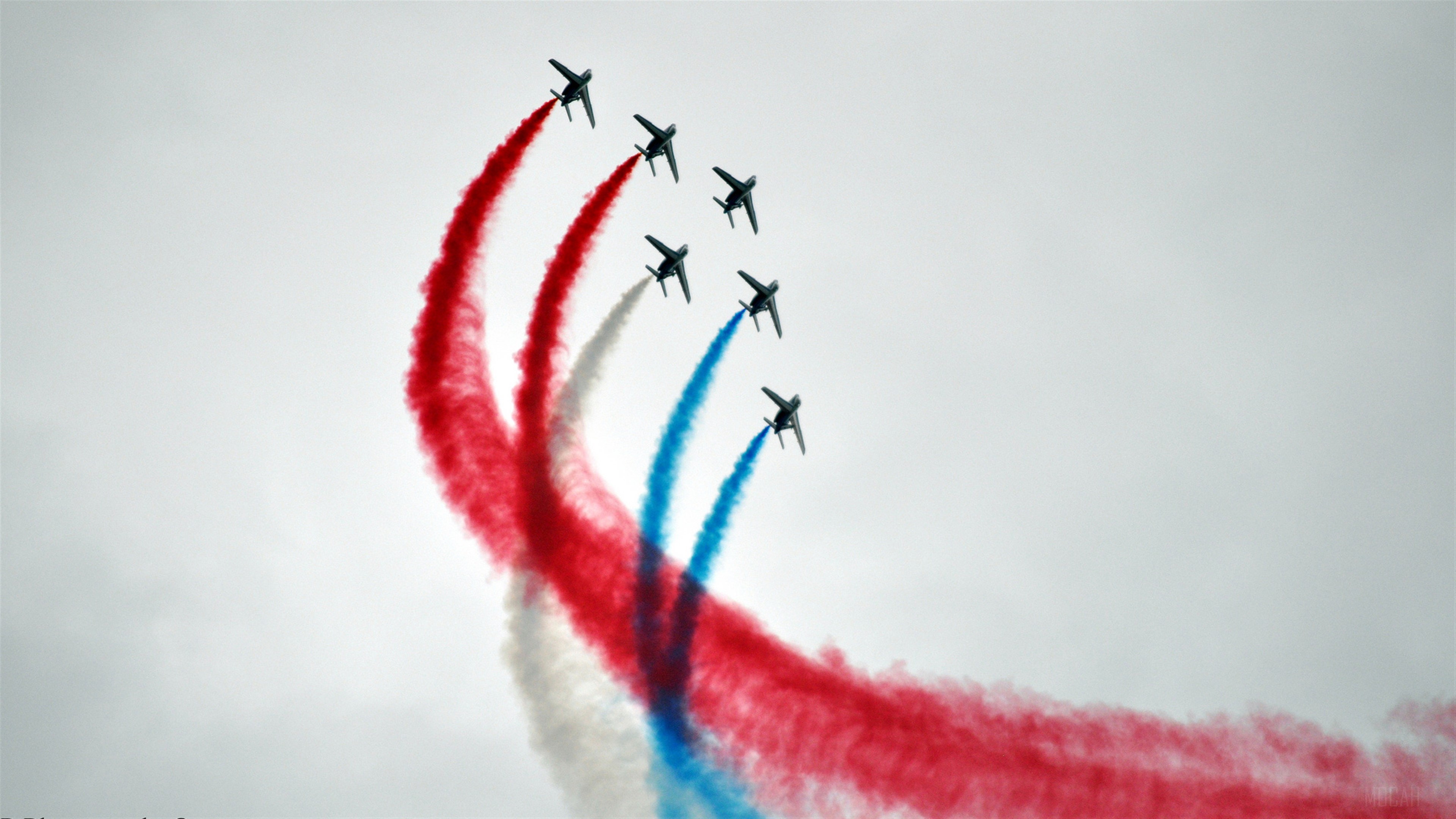 French Air Force jets performing aerobatics with colored smoke HD Wallpaper