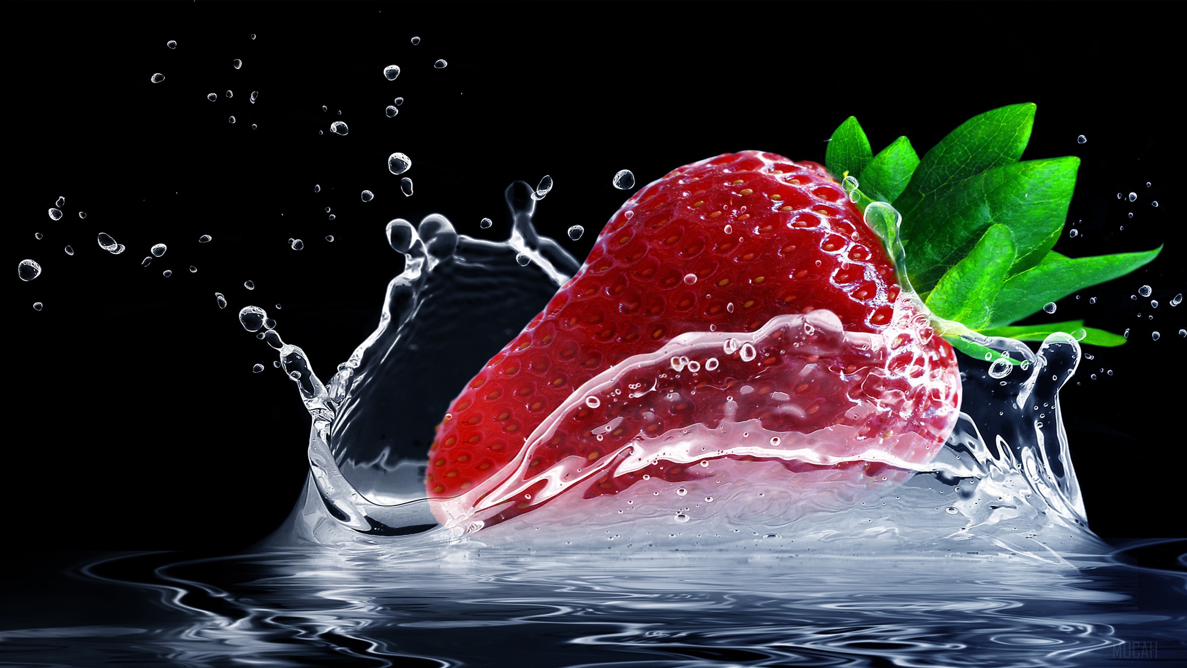 Strawberry splashing into water 4K HD Wallpaper