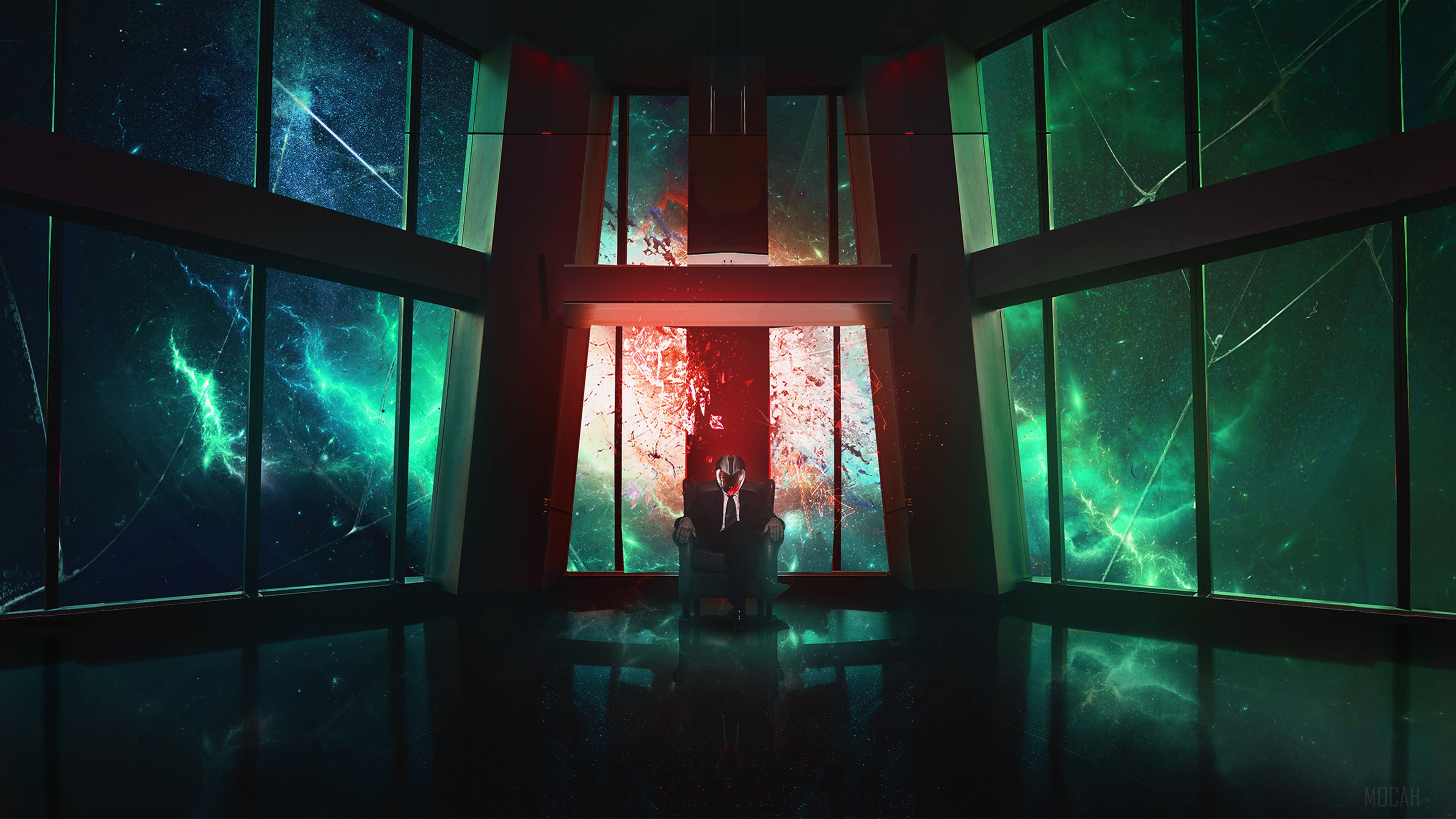 Man in suit sitting in chair with cosmic background HD Wallpaper