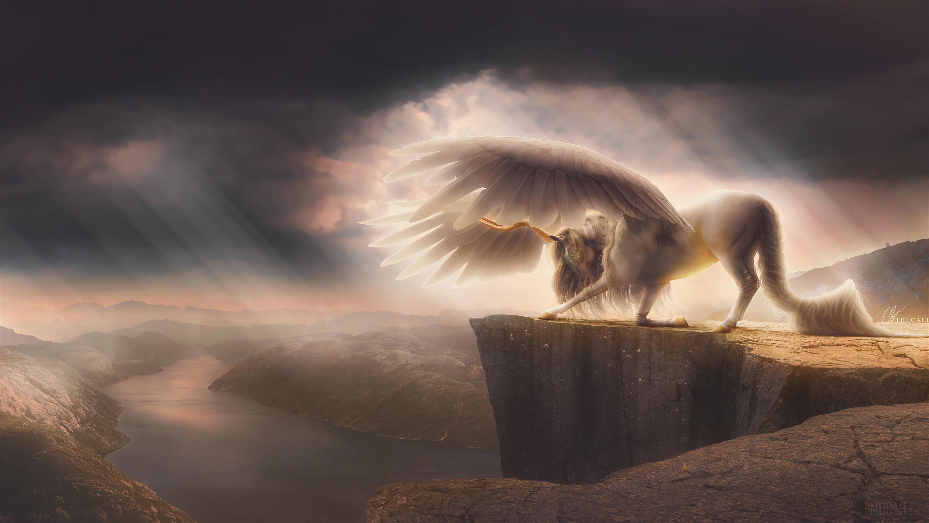 Fantasy Pegasus on a Cliff Edge 4K HD Wallpaper