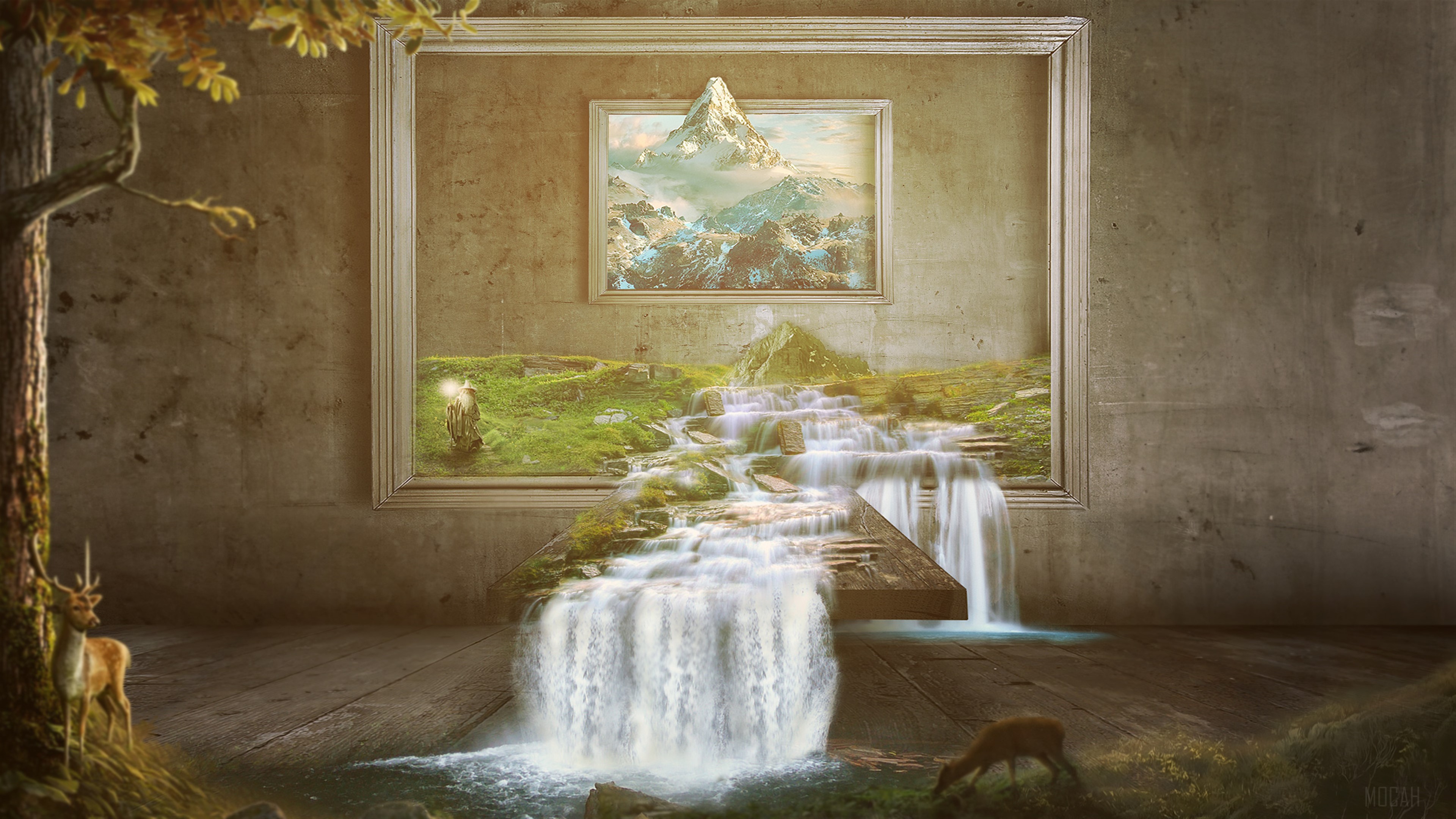 Waterfall painting with mountain landscape and deer HD Wallpaper