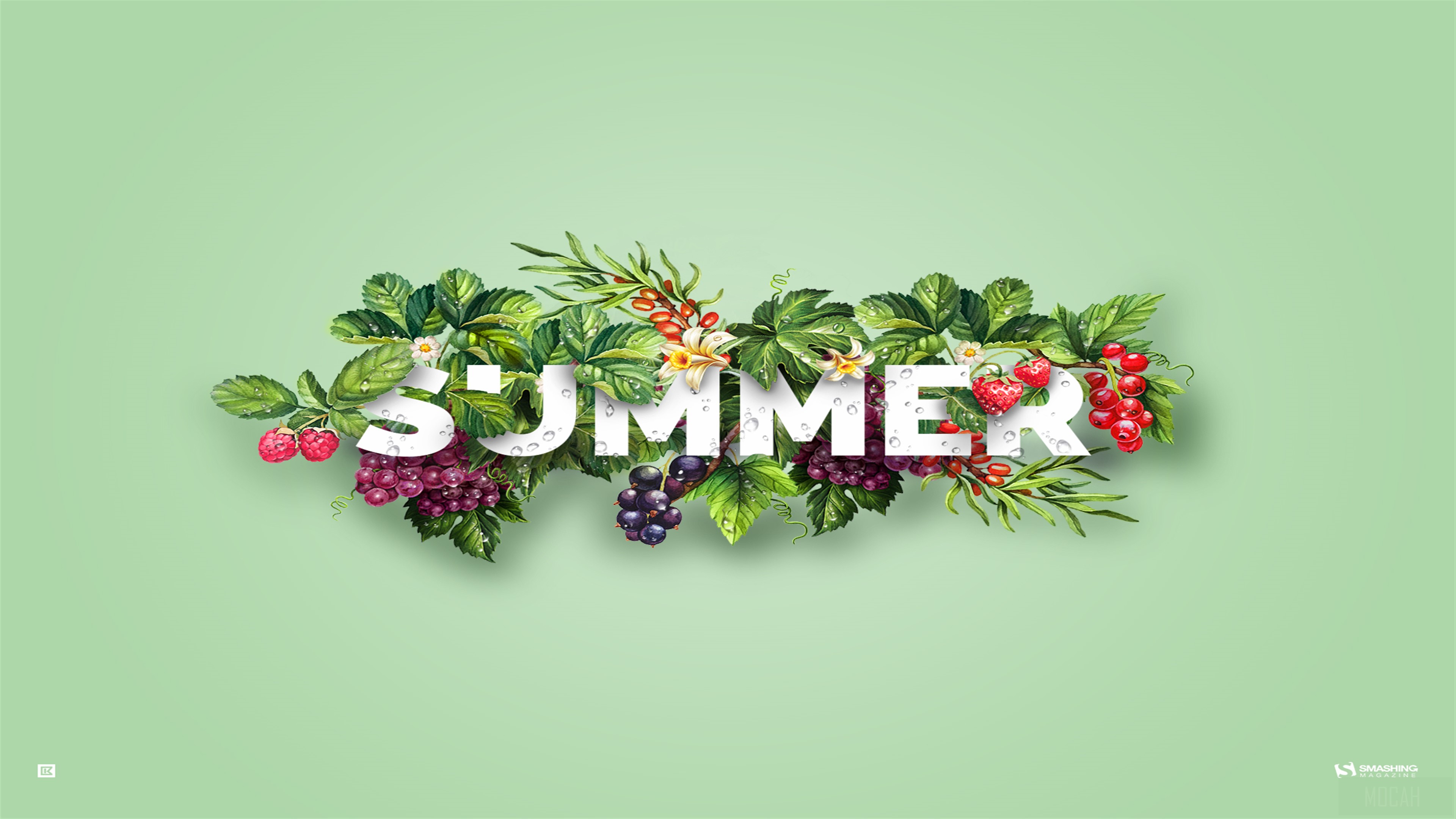 Summer word art with berries and leaves 4K HD Wallpaper