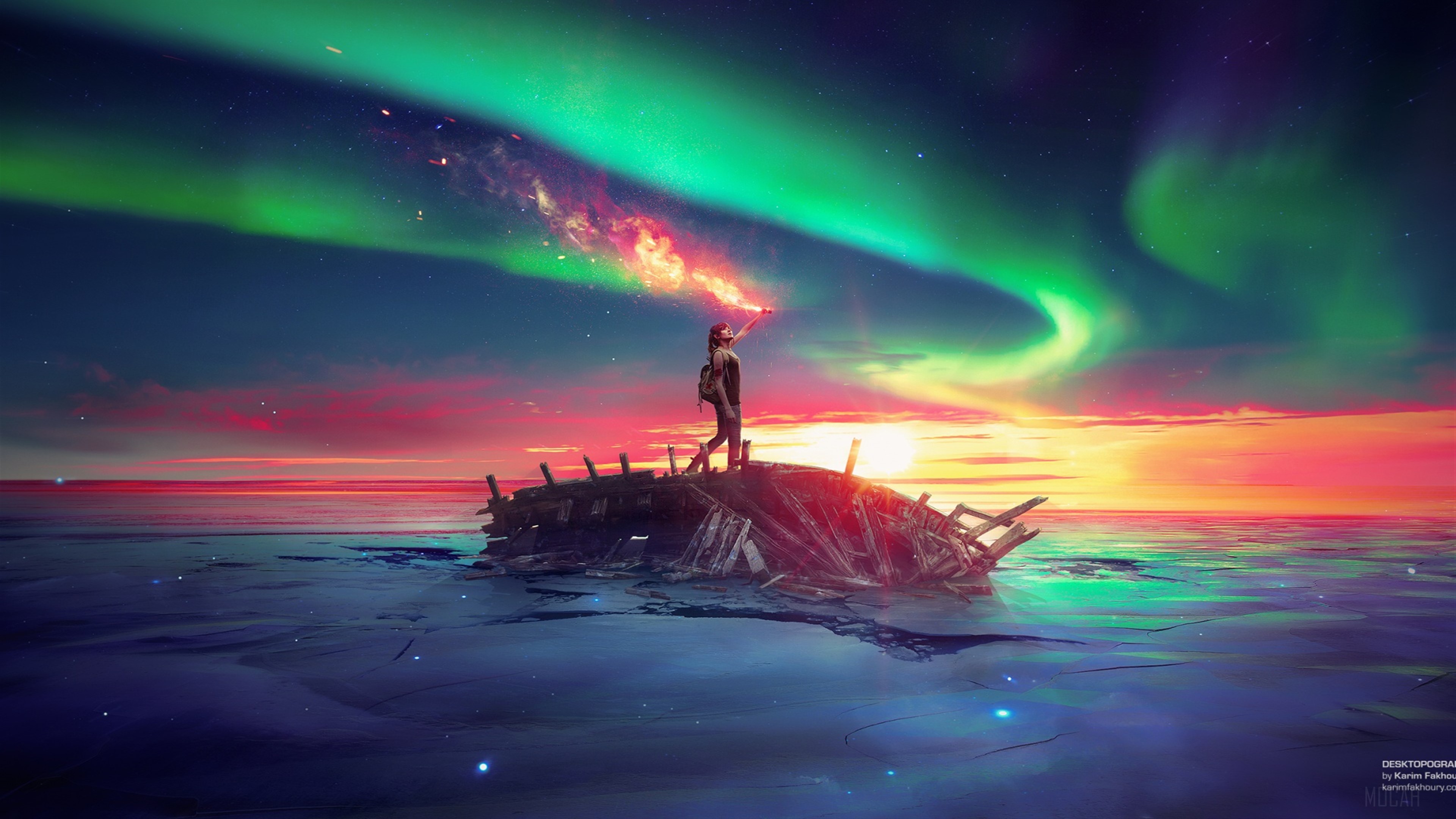 Person on shipwreck under aurora borealis HD Wallpaper