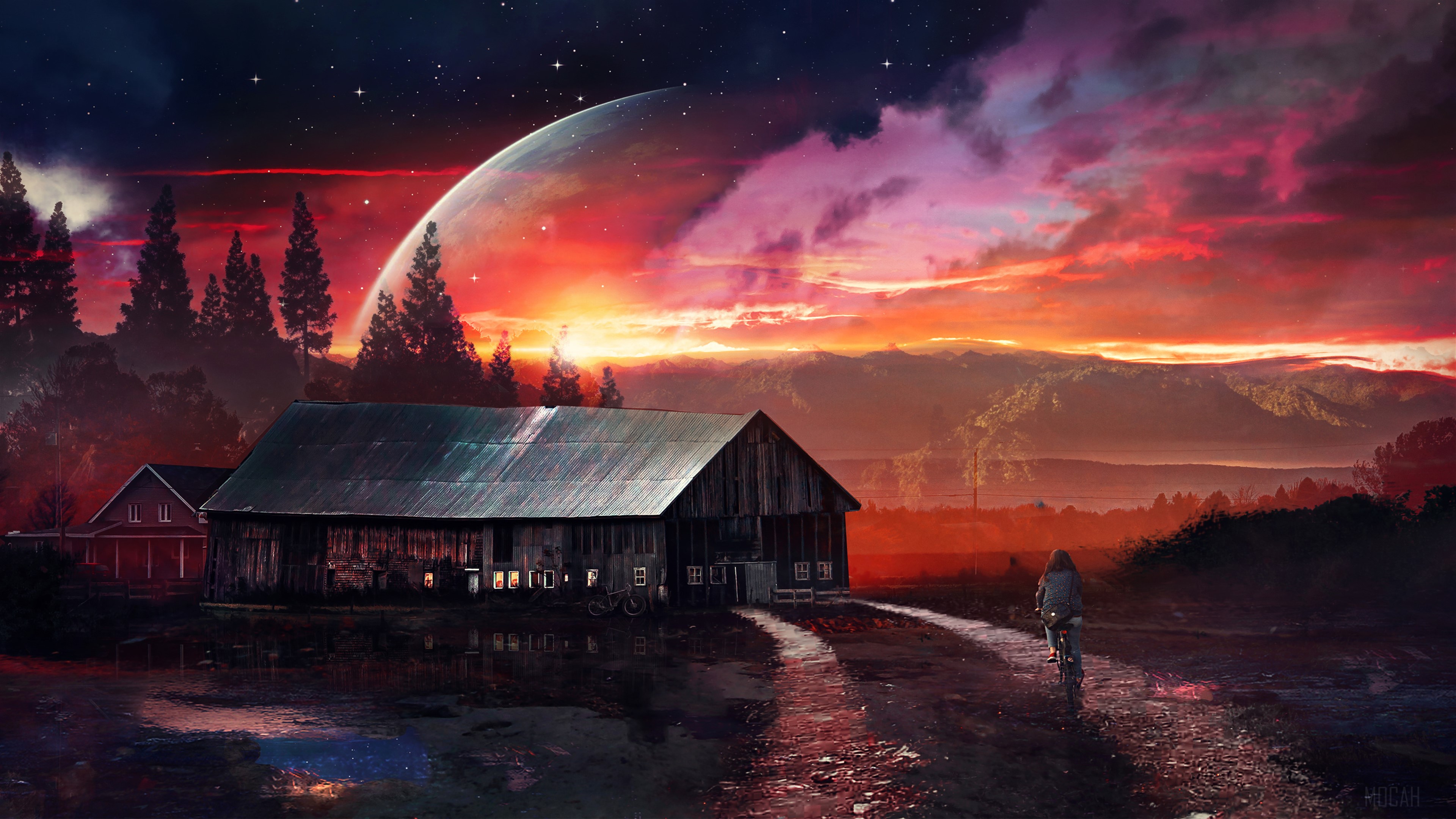 Barn and Planet at Sunset HD Wallpaper