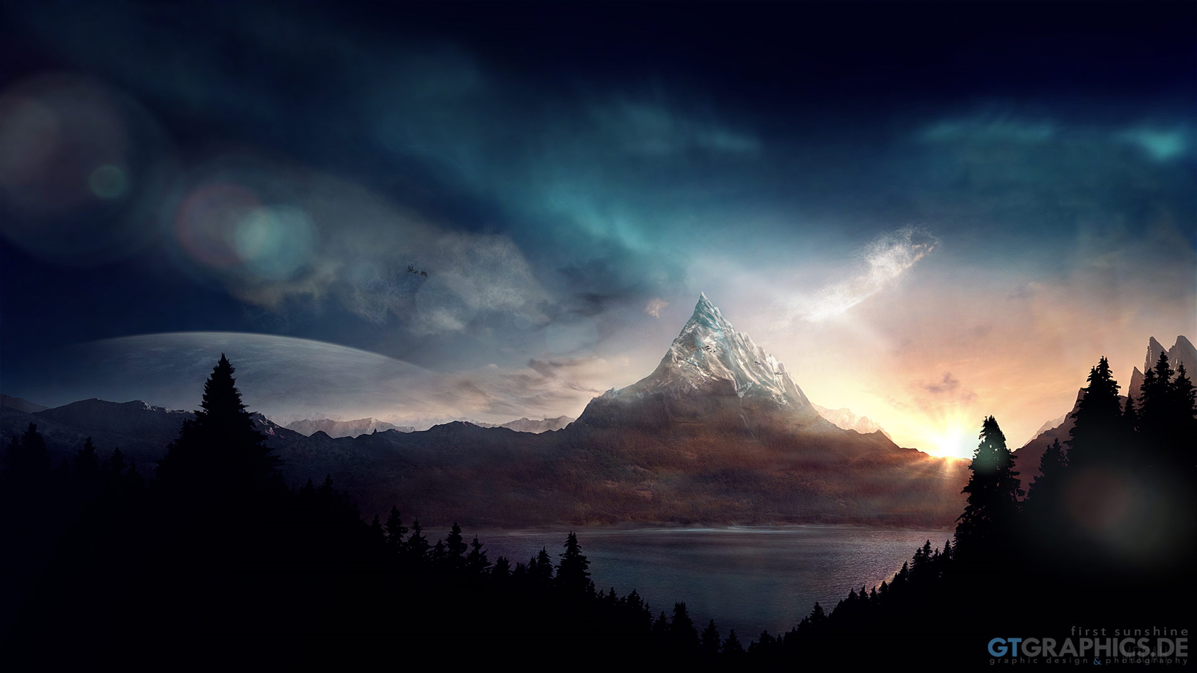 Mountain lake with sunrise and lens flares 4K HD Wallpaper