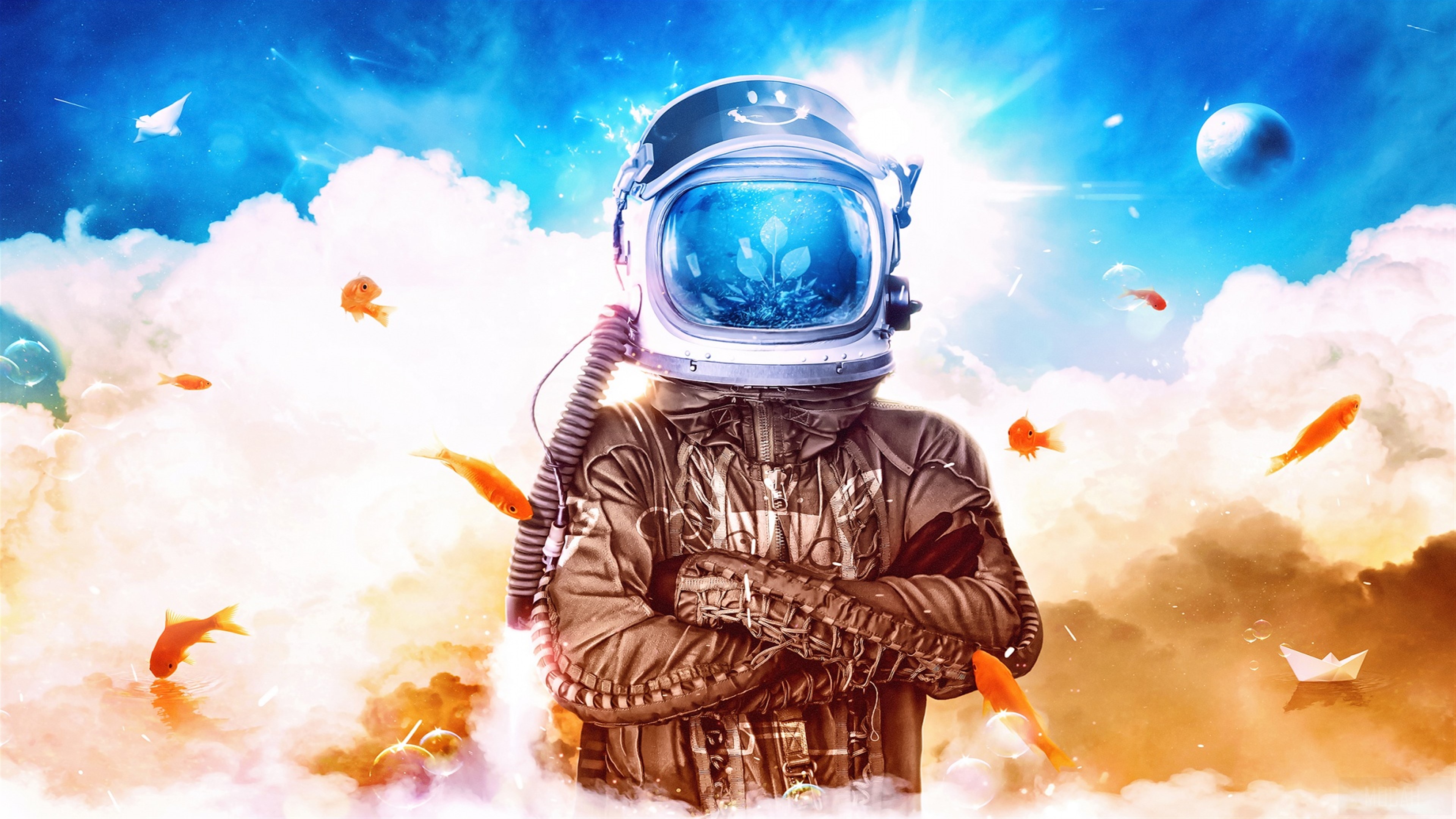 Astronaut with fish in helmet in clouds 4K HD Wallpaper