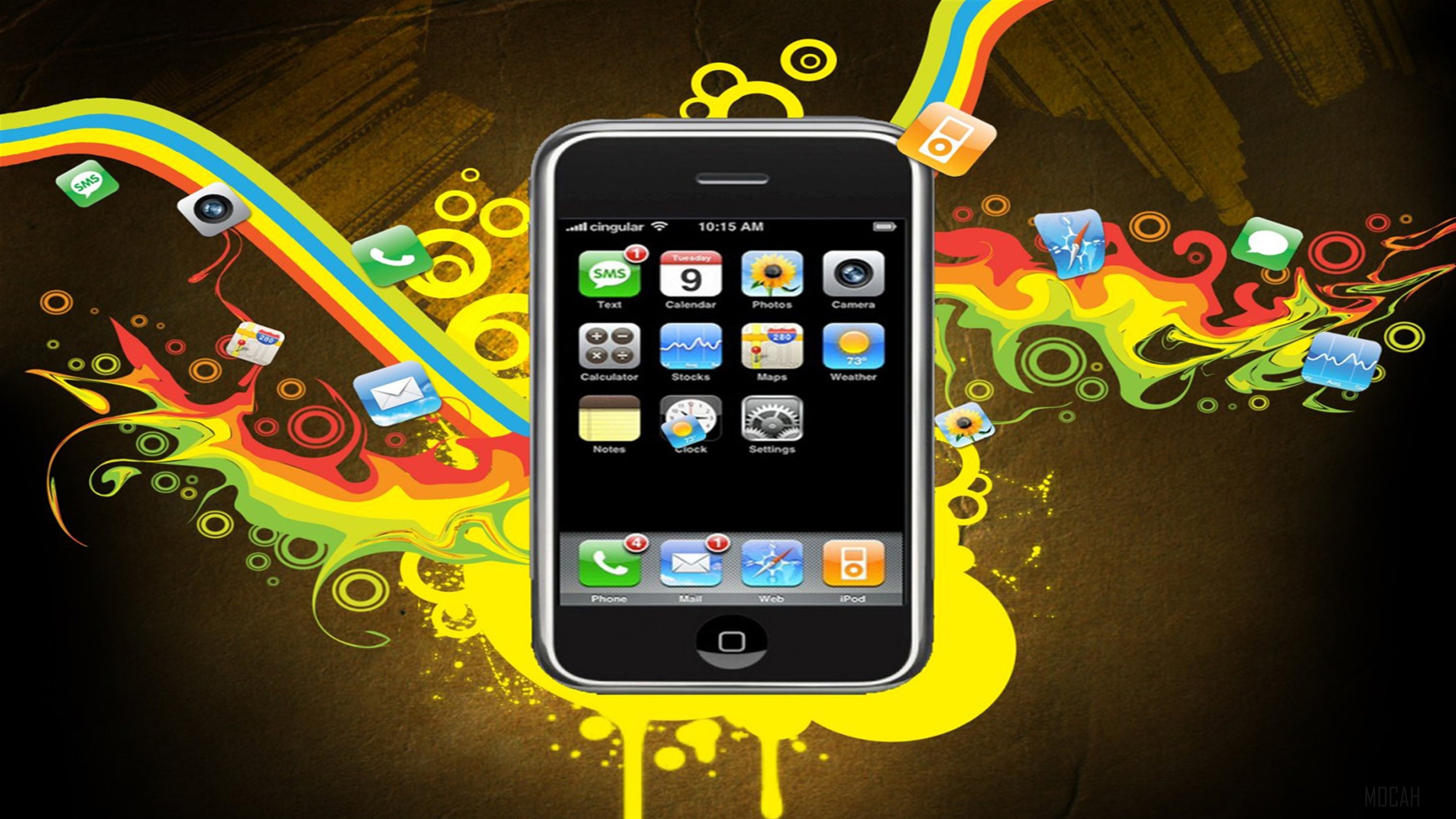 iPhone with colorful abstract design and app icons HD Wallpaper