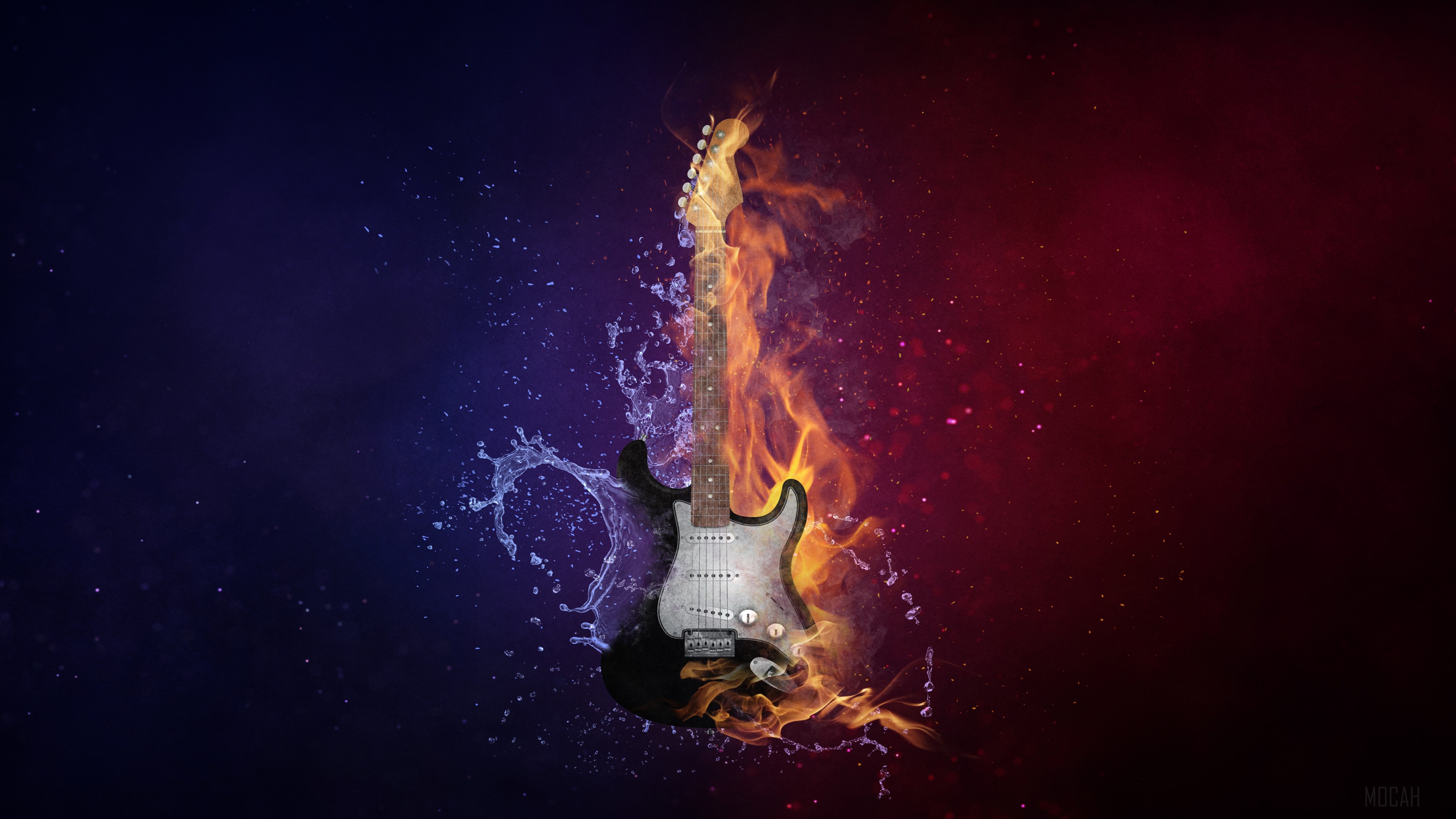 Guitar with Fire and Water 4K HD Wallpaper