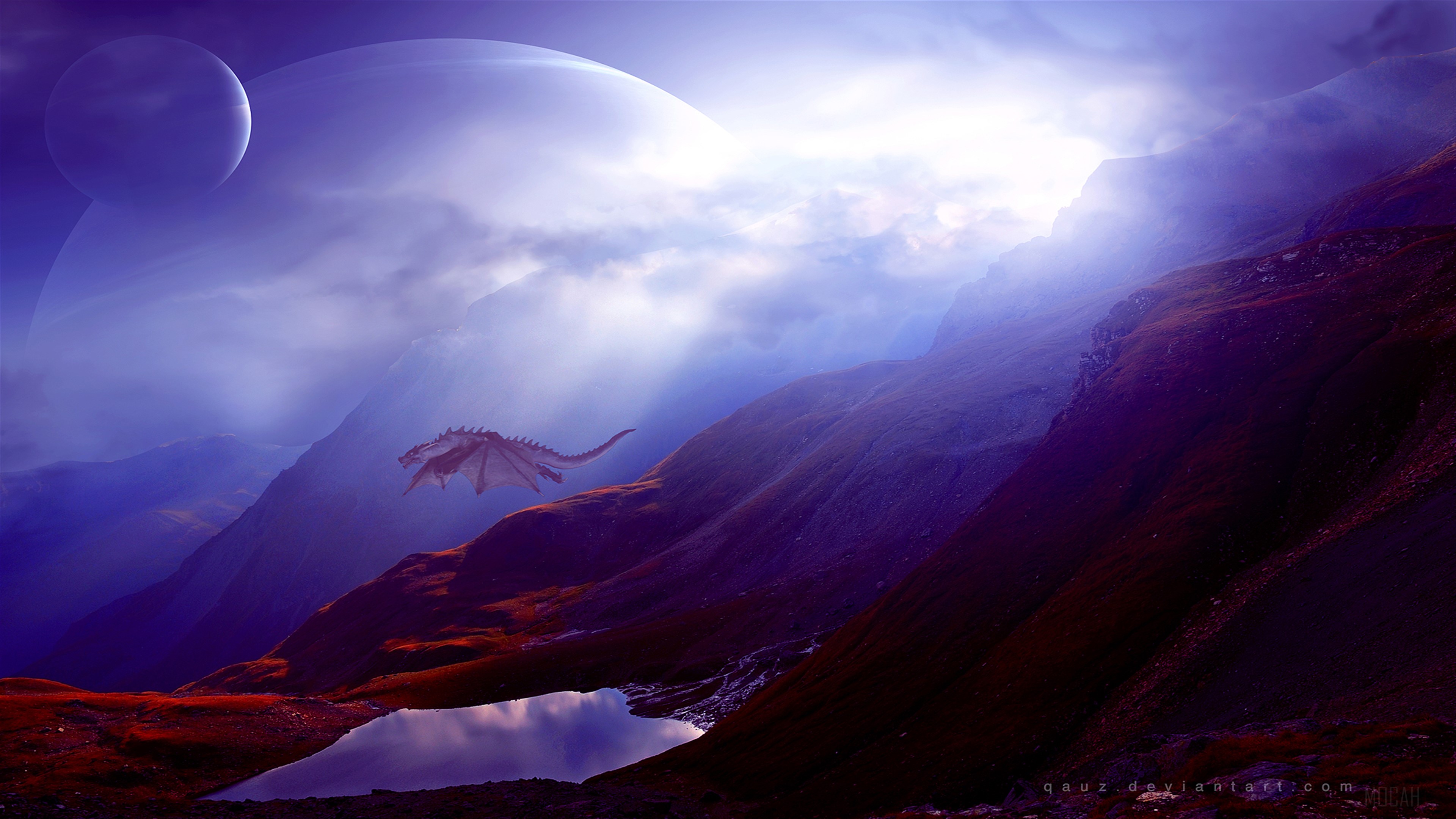 Dragon flying over mountains with planets in the sky HD Wallpaper