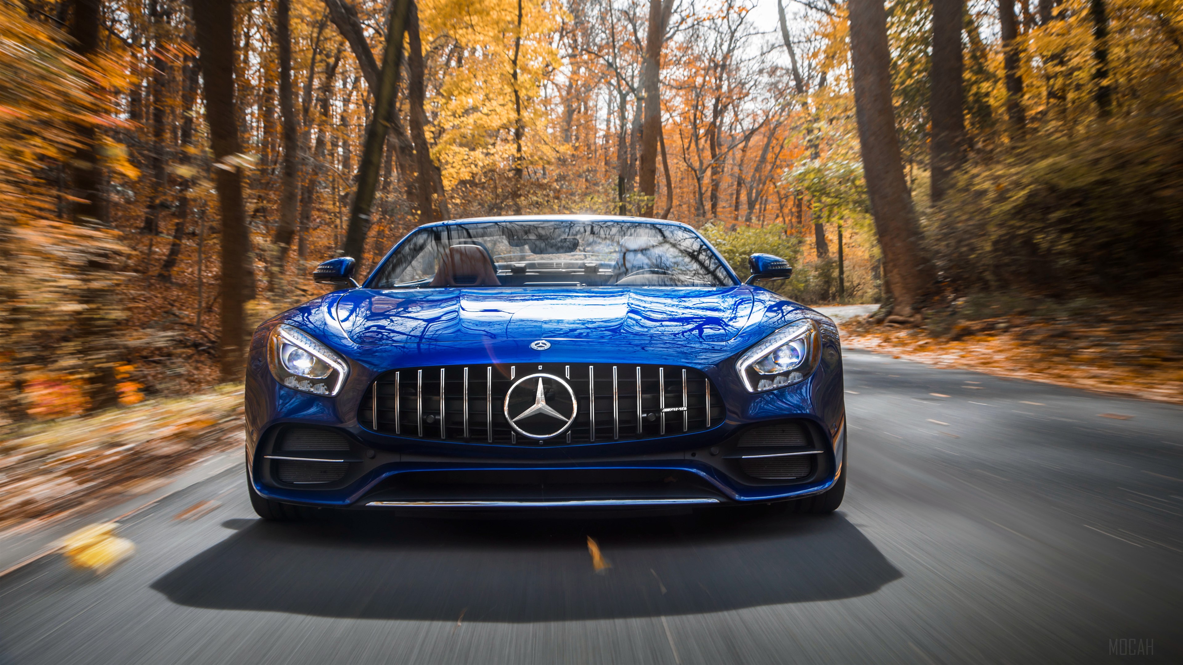 Blue Mercedes-AMG GT C Roadster on Autumn Road 4K HD Wallpaper