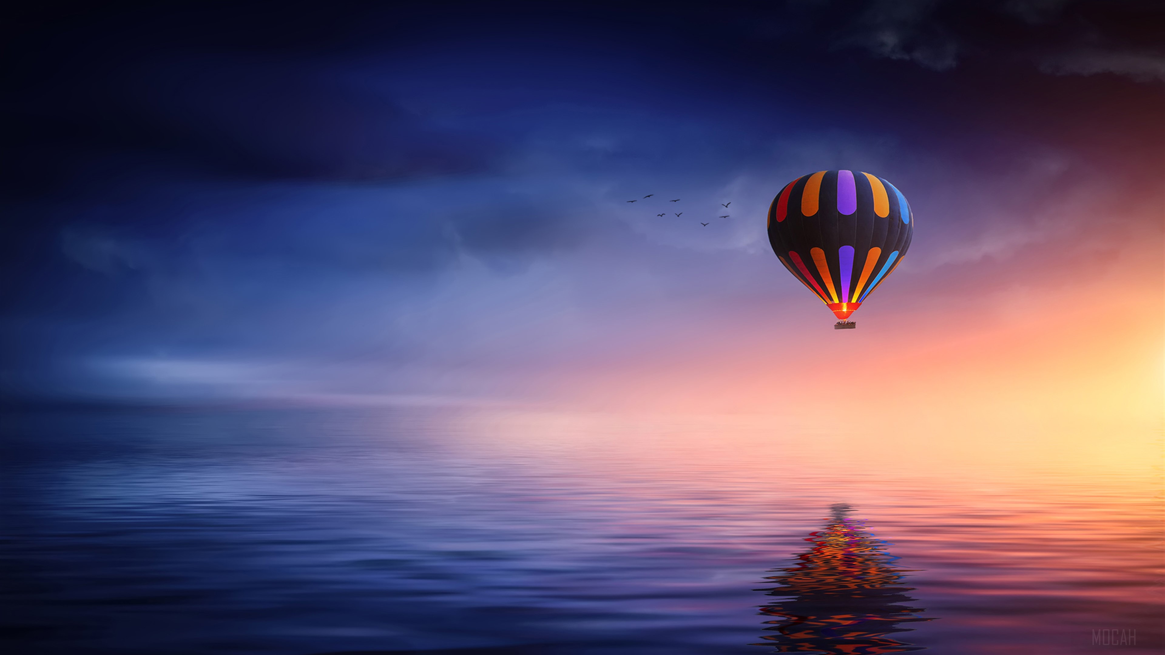Hot Air Balloon Over Water at Sunset 4K HD Wallpaper