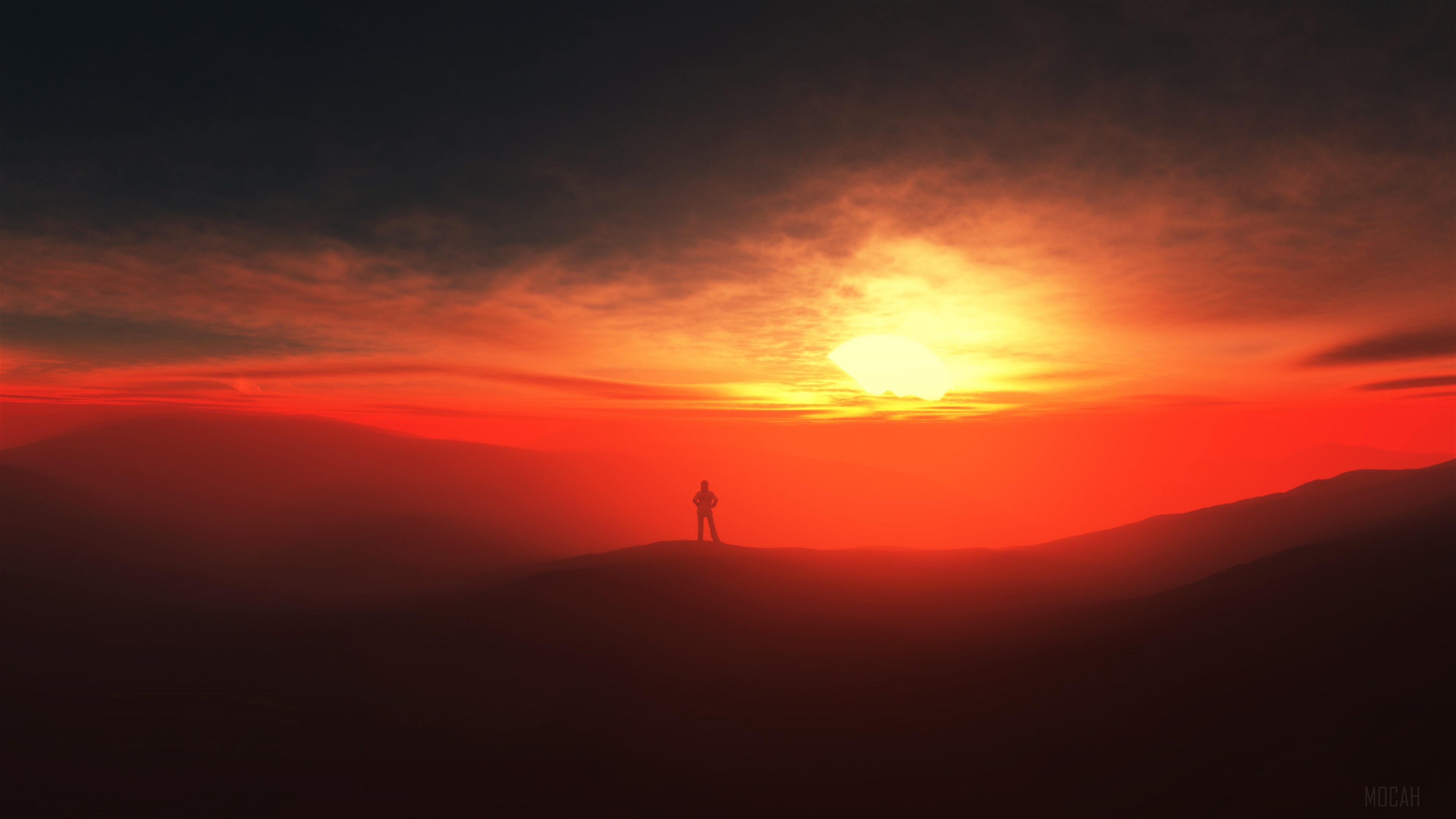 Man standing on a hill at sunset 4K HD Wallpaper