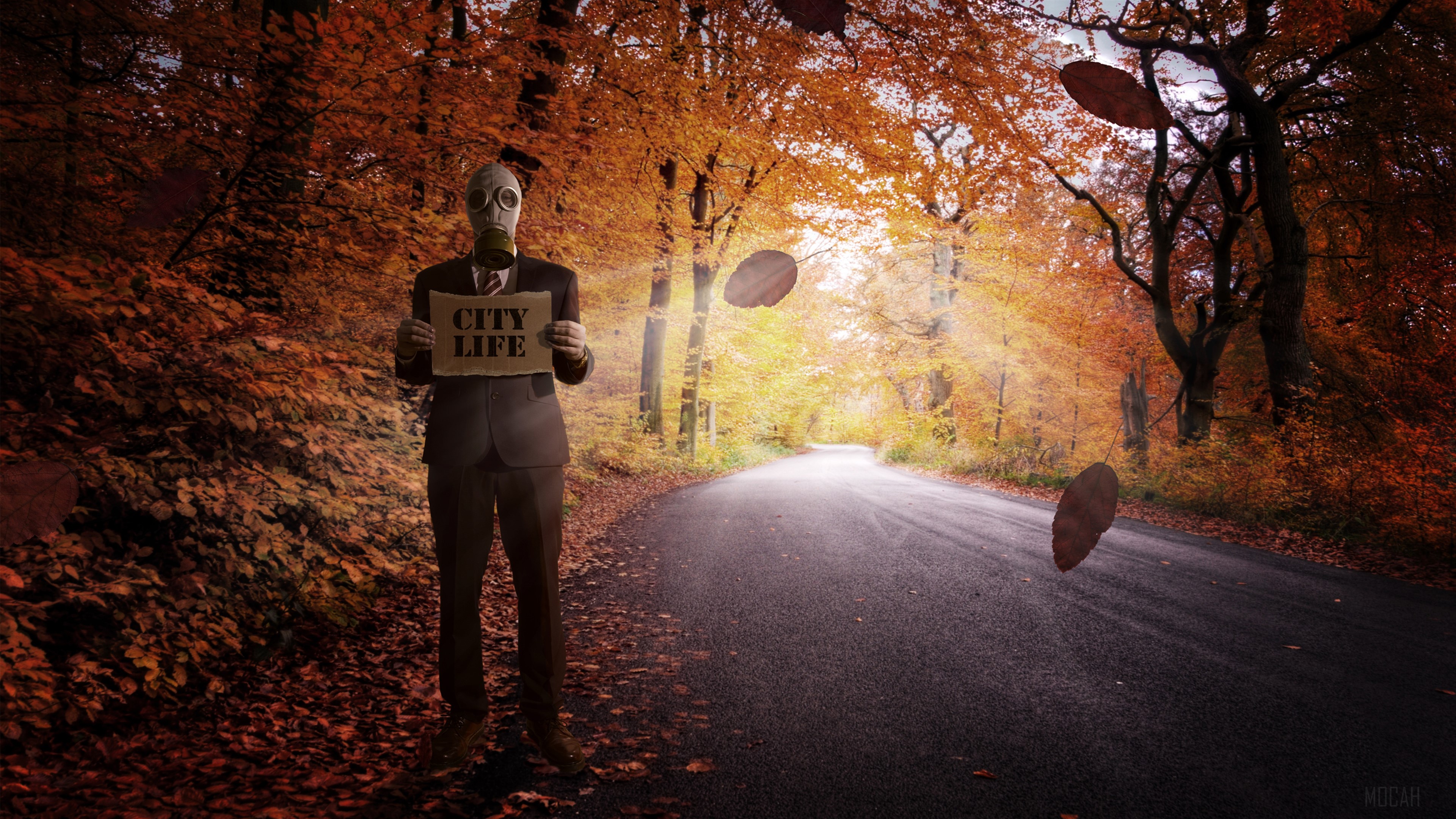 Man in gas mask holding "City Life" sign in autumn forest HD Wallpaper