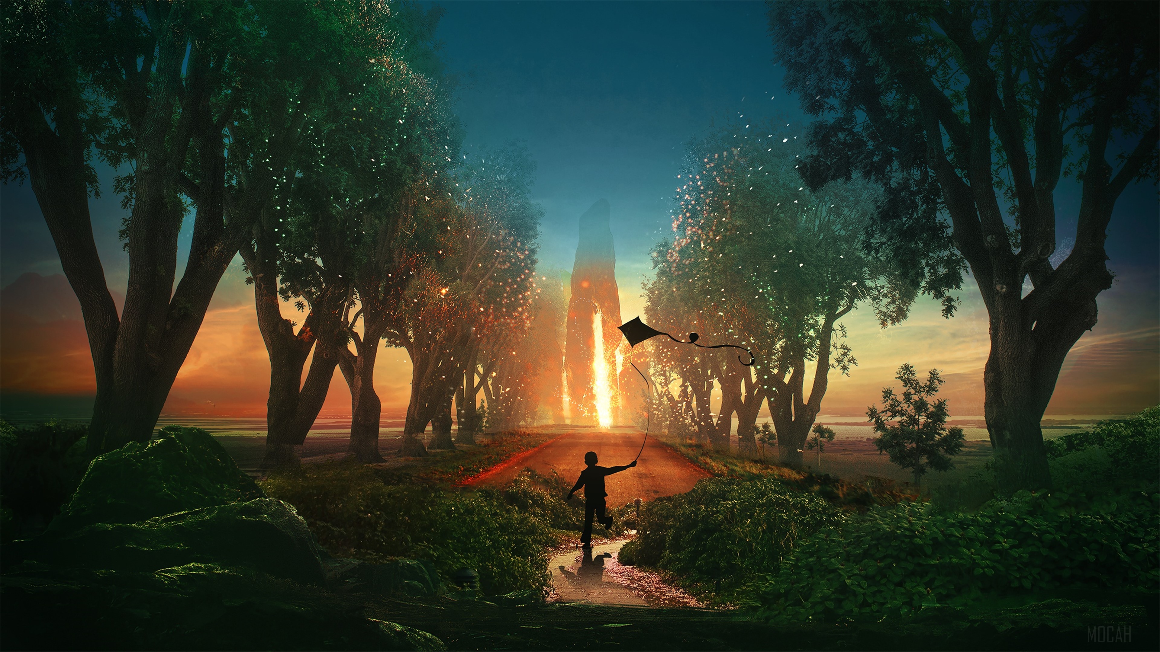 Boy Flying Kite on Path to Light 4K HD Wallpaper