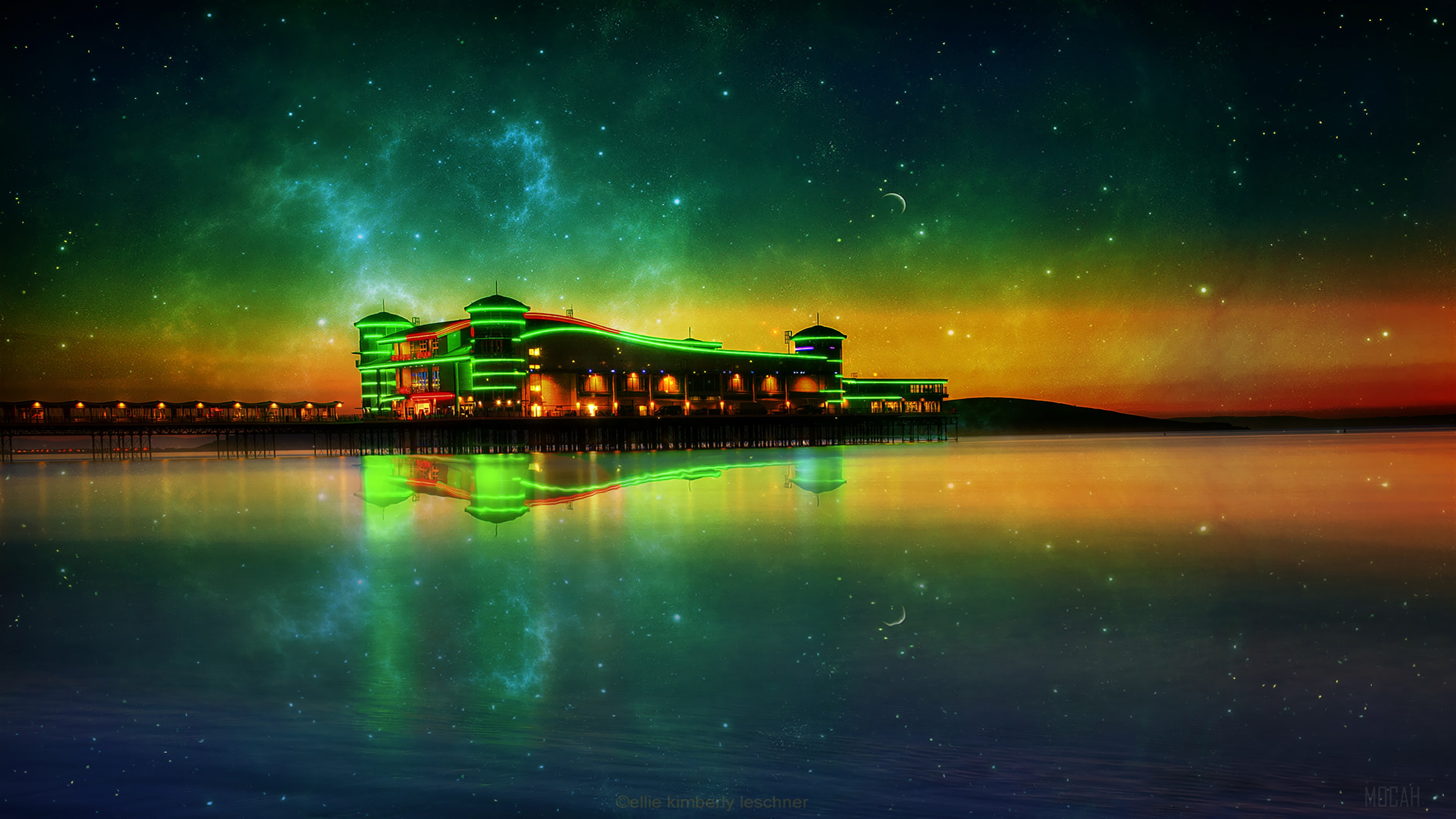 Pier building with neon lights reflected in water under starry sky HD Wallpaper