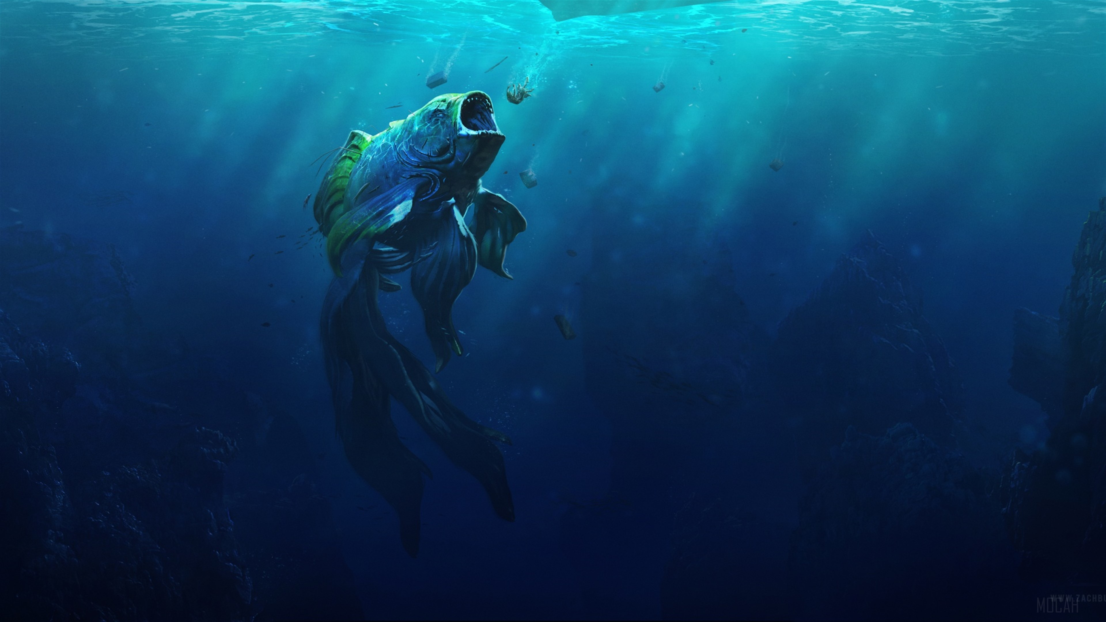Monster Goldfish in Deep Blue Ocean 4K HD Wallpaper