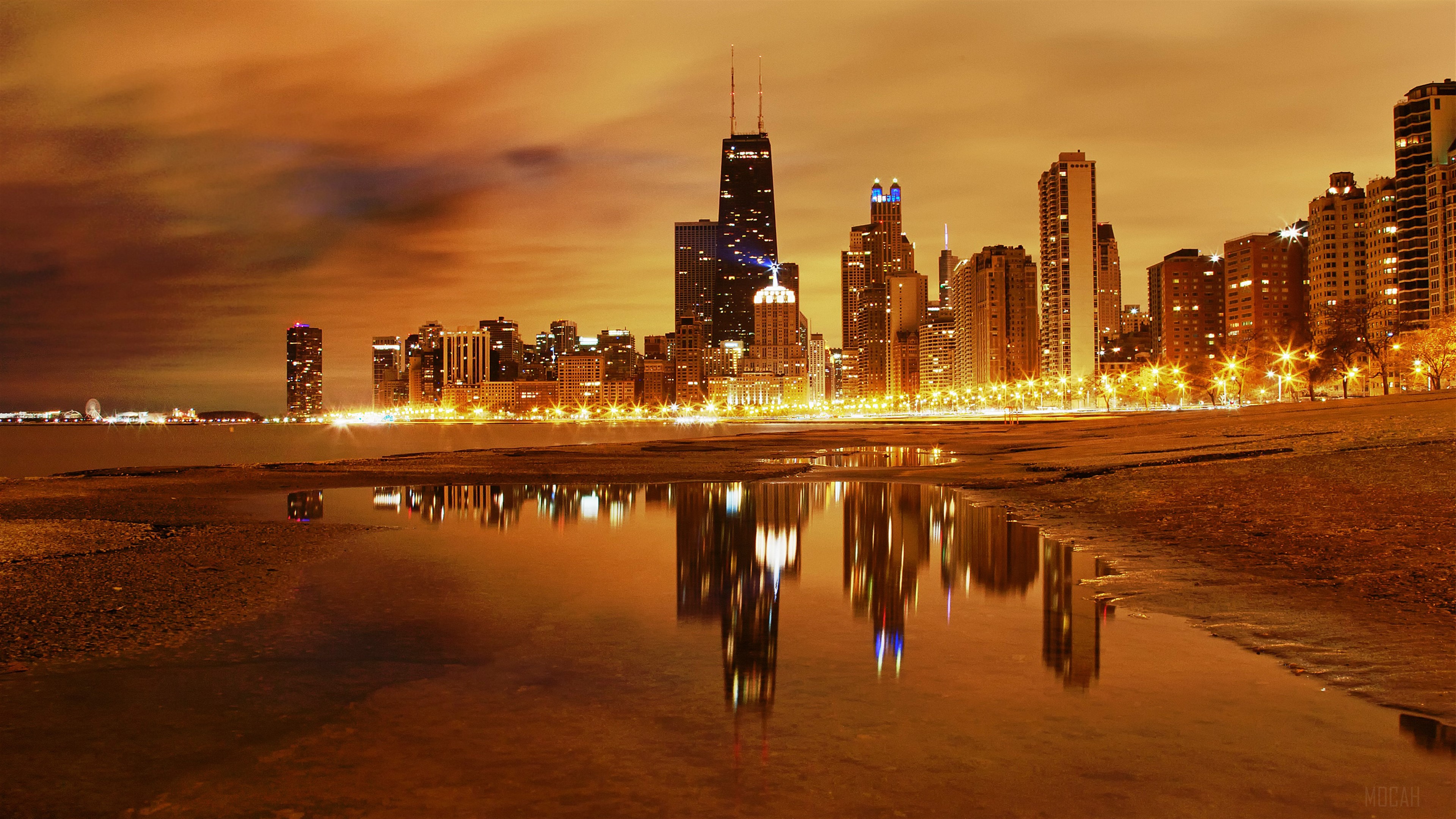 Chicago skyline at night with reflections HD Wallpaper