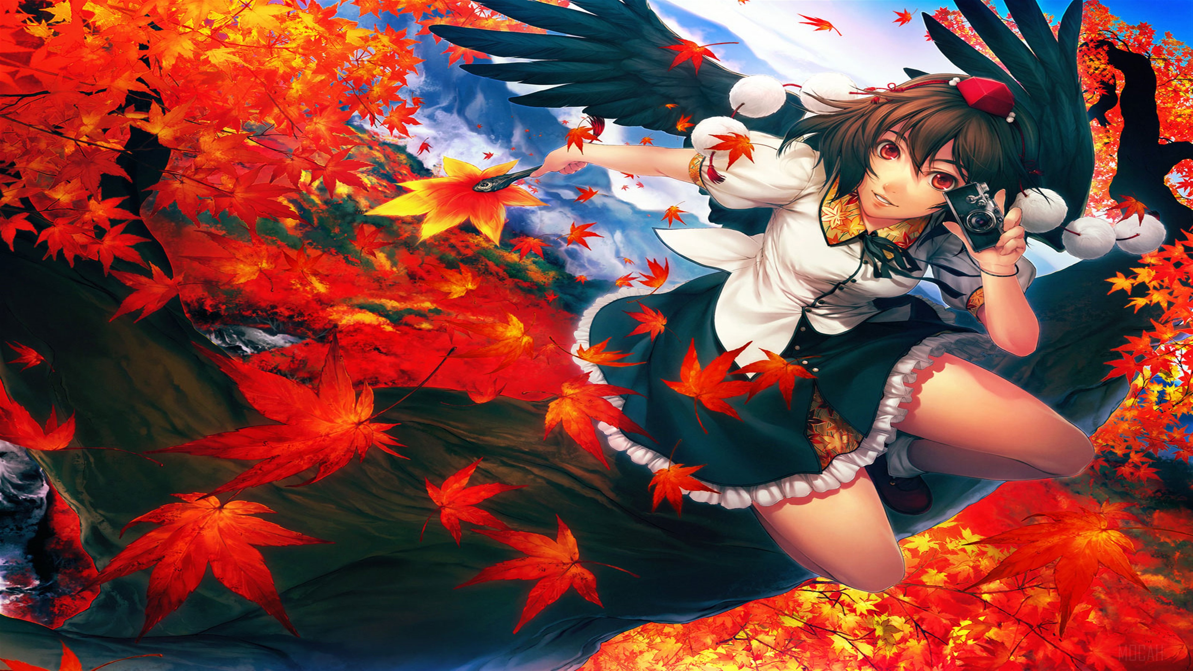 Anime Girl with Camera and Wings in Autumn HD Wallpaper