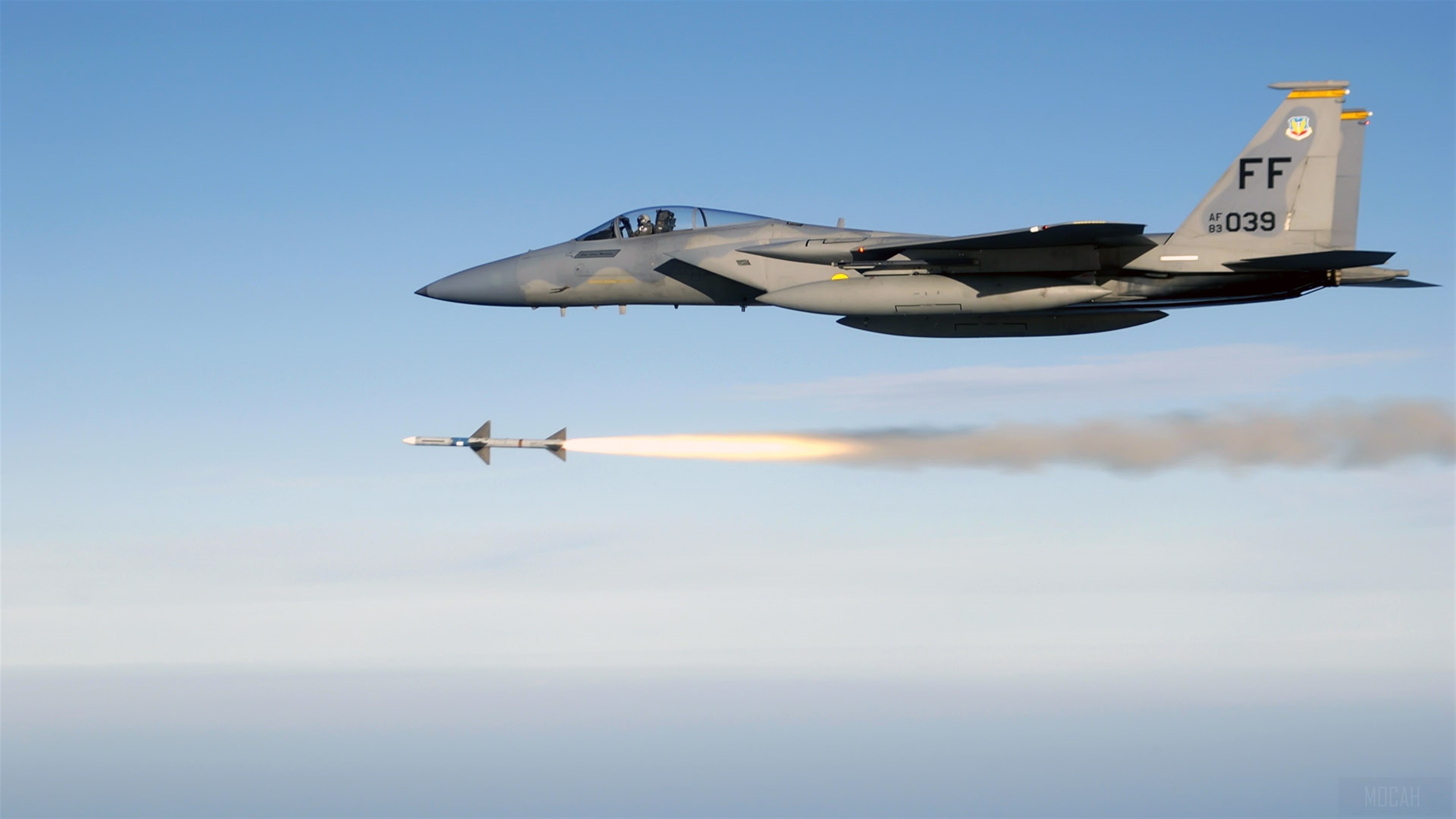 F-15 Eagle firing AIM-7 Sparrow missile 4K HD Wallpaper