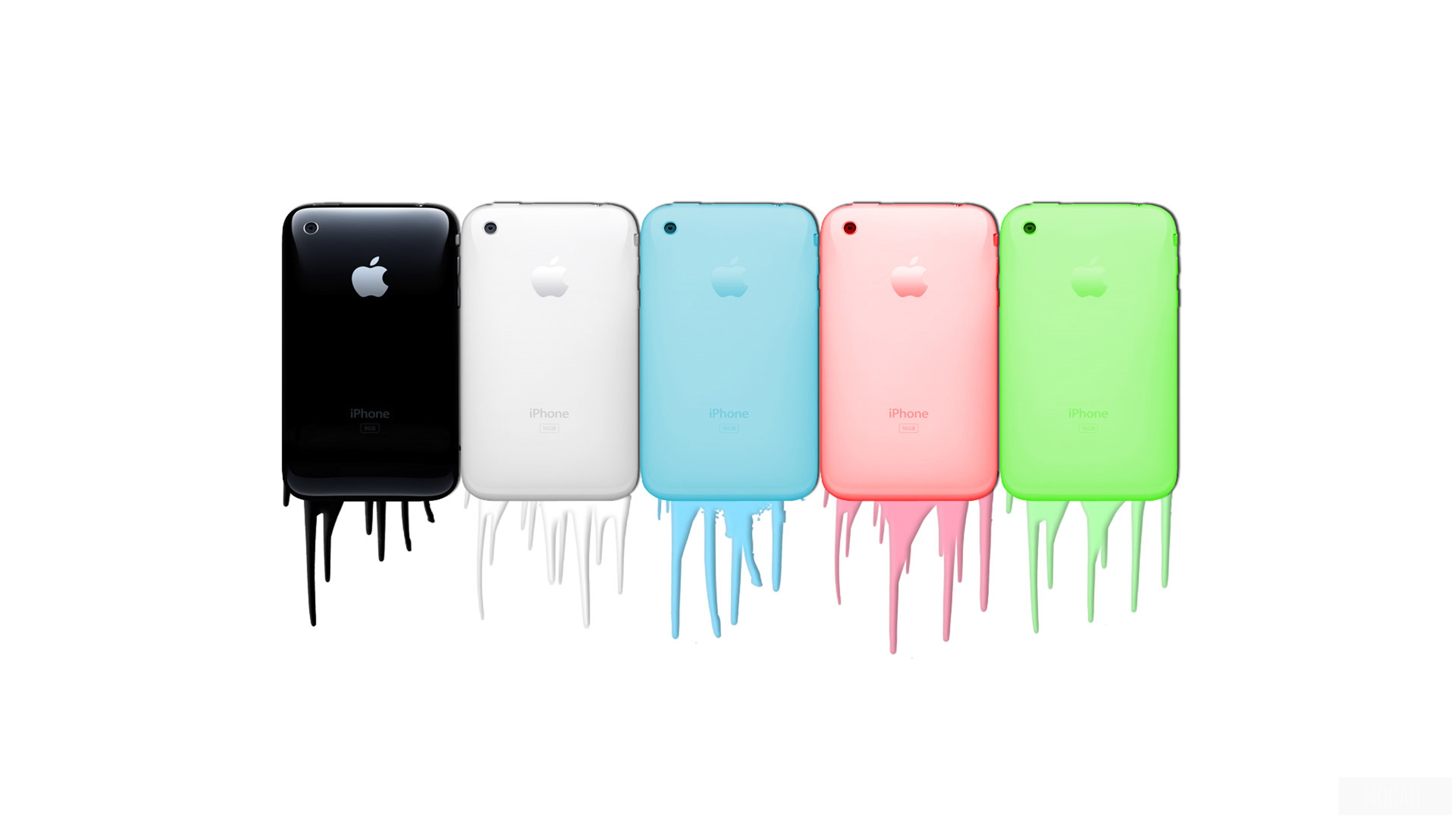 Five iPhones in different colors with dripping paint HD Wallpaper
